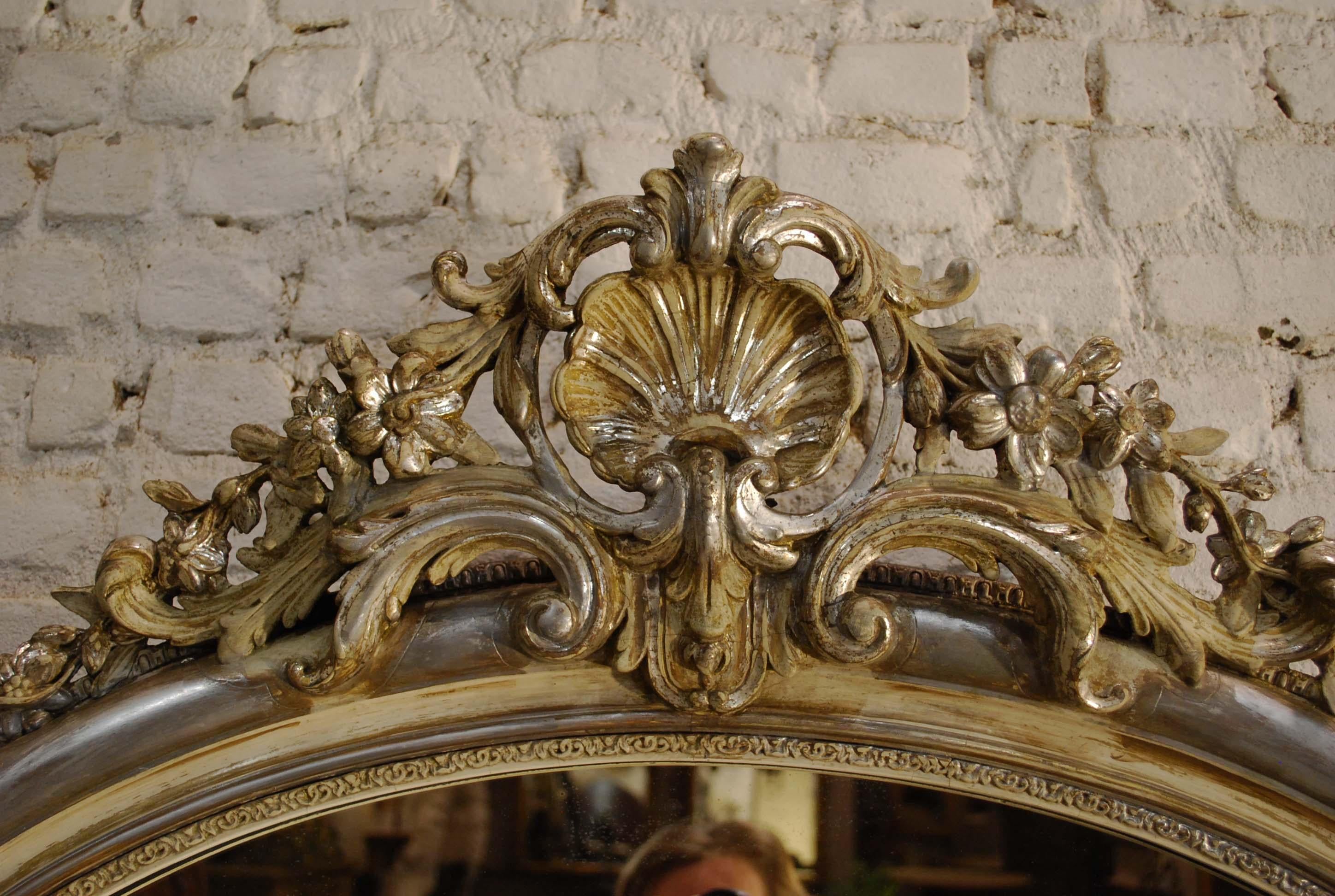 Antique 19th Century French Silver Leaf Gilt Oval Mirror with Crest 1