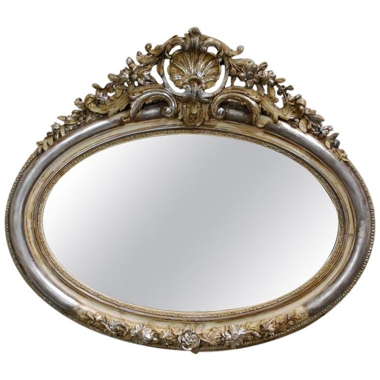 French Silver Leaf Gilt Oval Mirror, French Oval Mirror Antique Silver