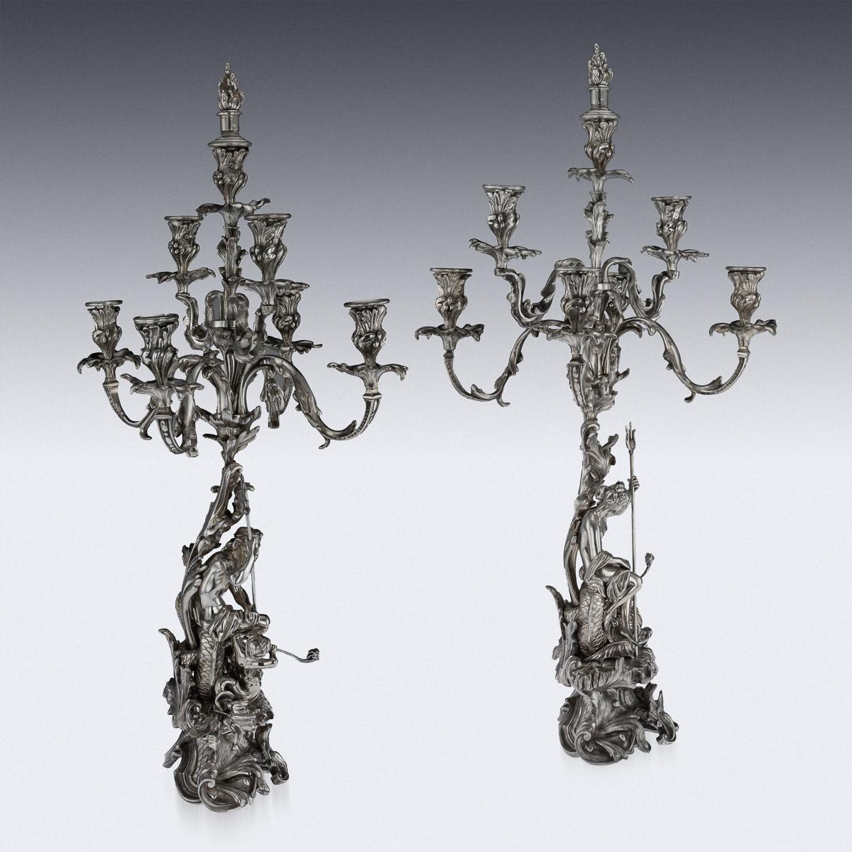 Silver Plate Antique 19th Century French Silvered Bronze Pair of Candelabra, Paris circa 1870