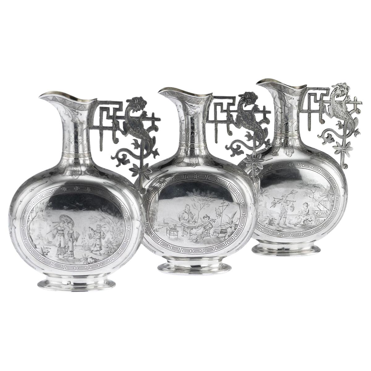 19th Century French Solid Silver Chinoiserie Ewers, Veyrat, Paris, circa 1830