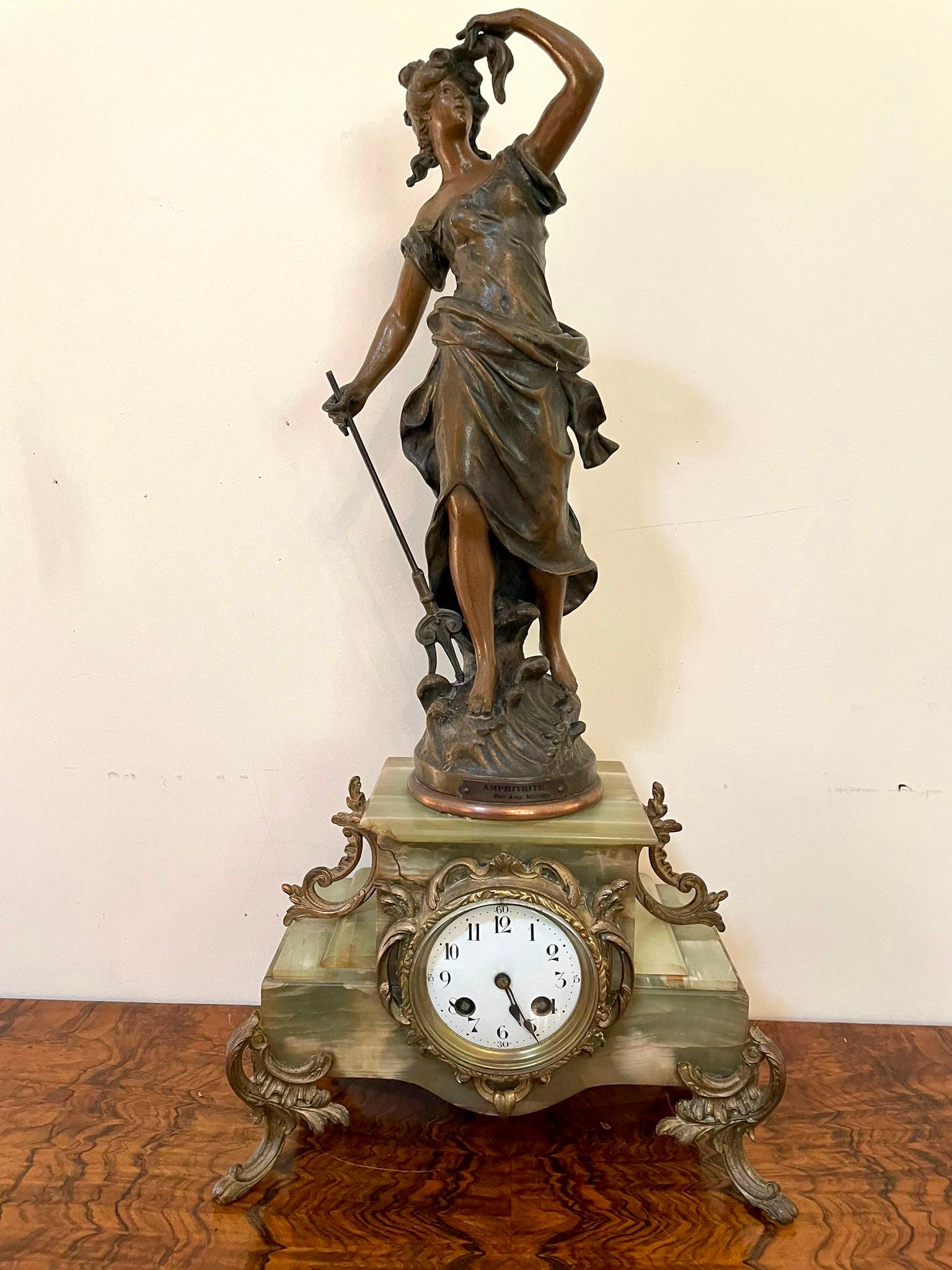 Victorian Antique 19th Century French Spelter and Onyx Clock For Sale