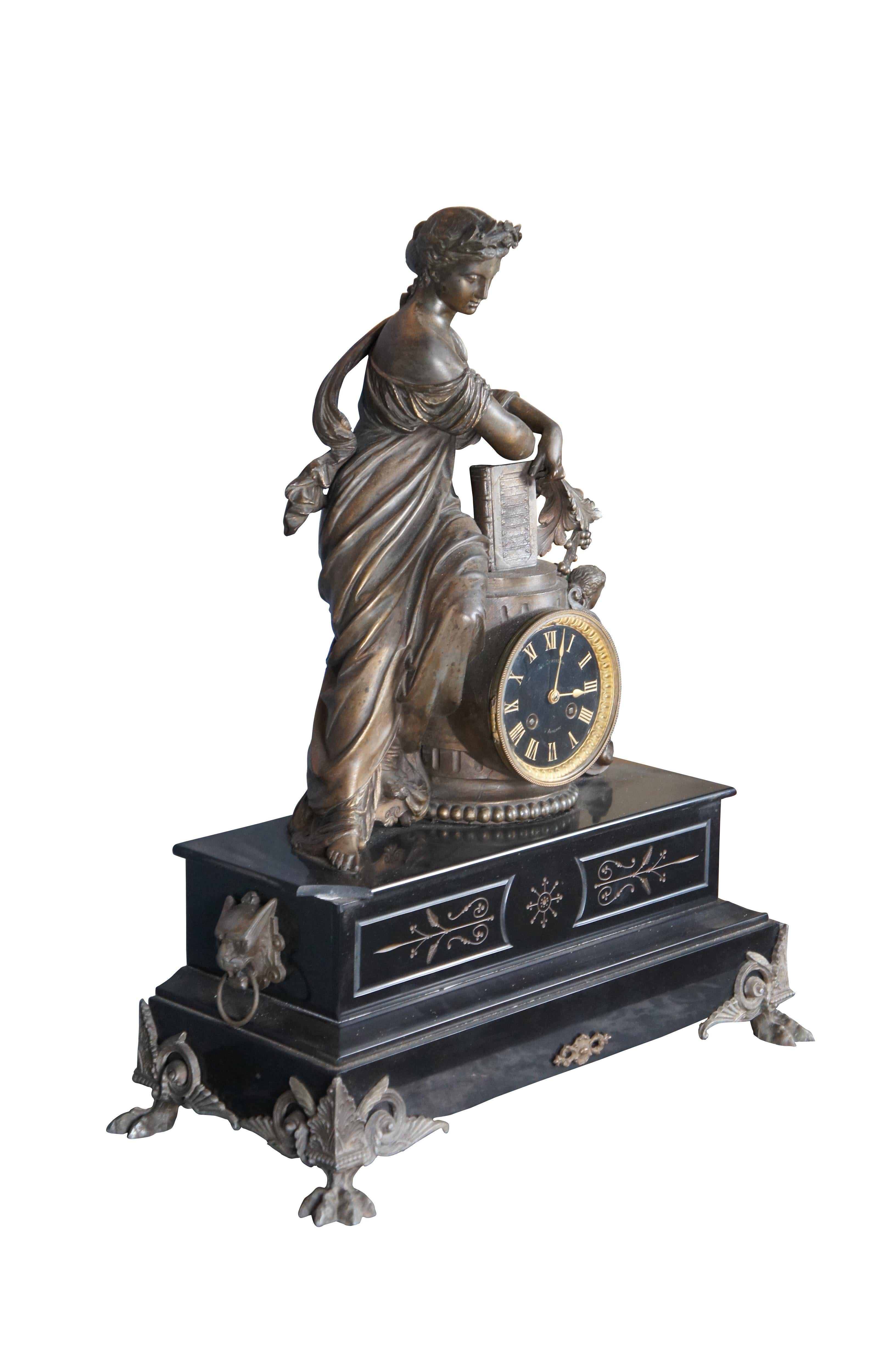 A spectacular French Mantel Clock with dated works marked 1858. The works Are Marked V & E with a Figured Bee between the two letters. The bell is inscribed Moreau, so the Clio figure may have been done By Auguste Moreau. The figure is Clio, the
