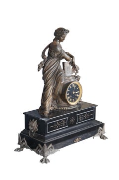 Antique 19th Century French Spelter & Slate Clio Figural Mantel Clock Moreau 24"