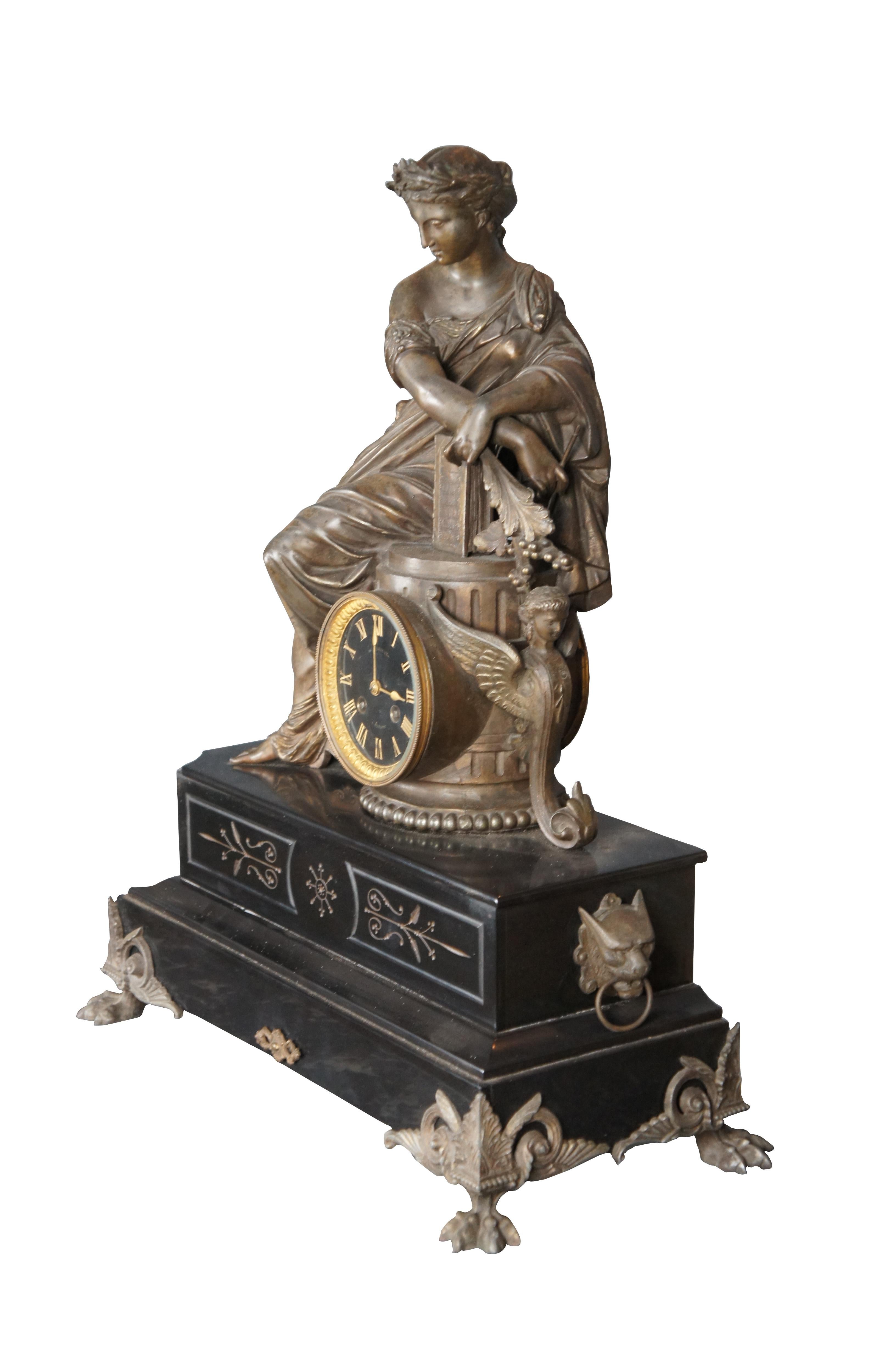 Neoclassical Antique 19th Century French Spelter & Slate Clio Figural Mantel Clock Moreau 24