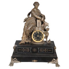 Antique 19th Century French Spelter & Slate Clio Figural Mantel Clock Moreau 24"