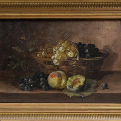 Antique 19th-Century French Still Life – Peaches & Grapes, Oil on oak panel