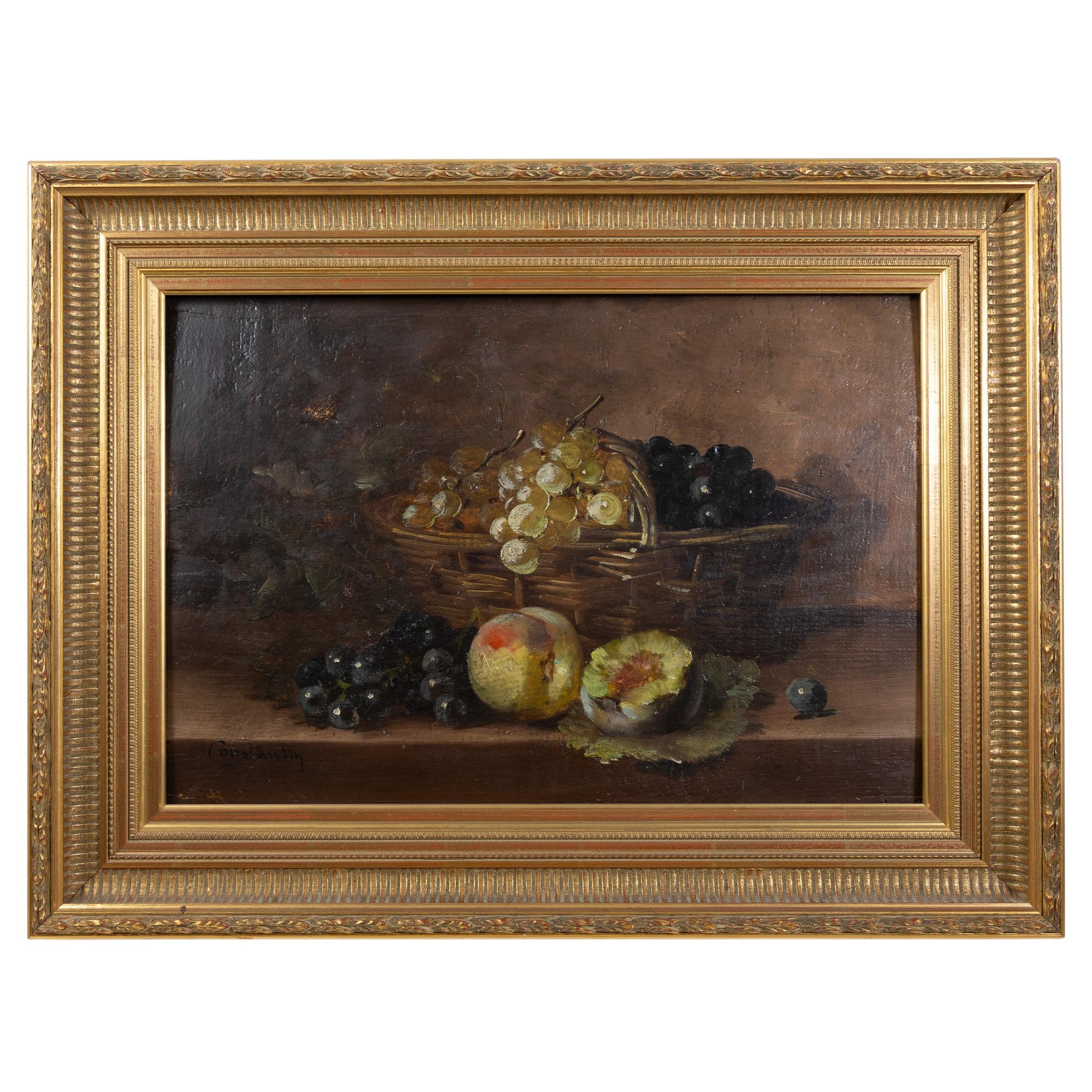 Antique 19th-Century French Still Life – Peaches & Grapes, Oil on oak panel For Sale