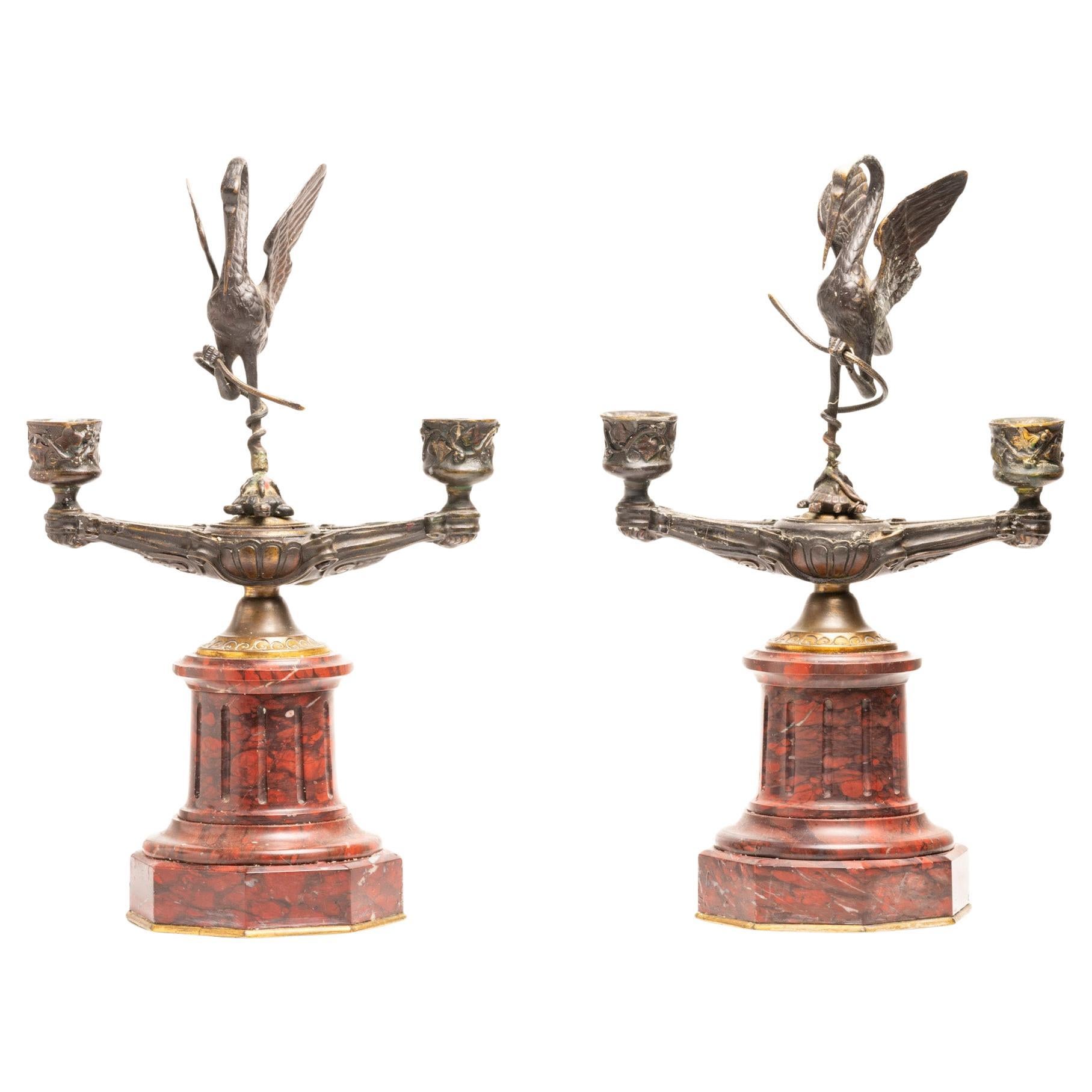 Antique 19th Century French Crane and Turtle Candlesticks