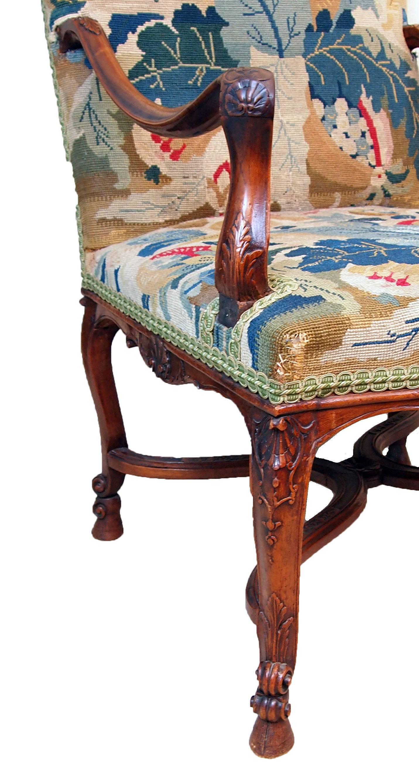 French Provincial Antique 19th Century French Tapestry Library Armchair