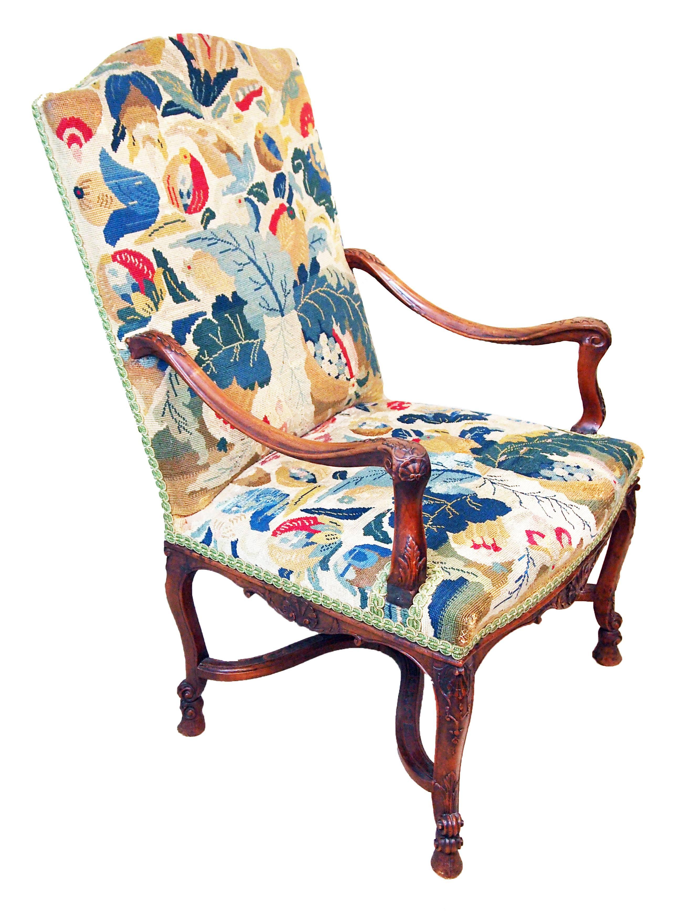 Walnut Antique 19th Century French Tapestry Library Armchair