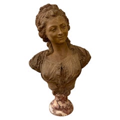Antique 19th Century French Terracotta Bust on Breche Marble Plinth.