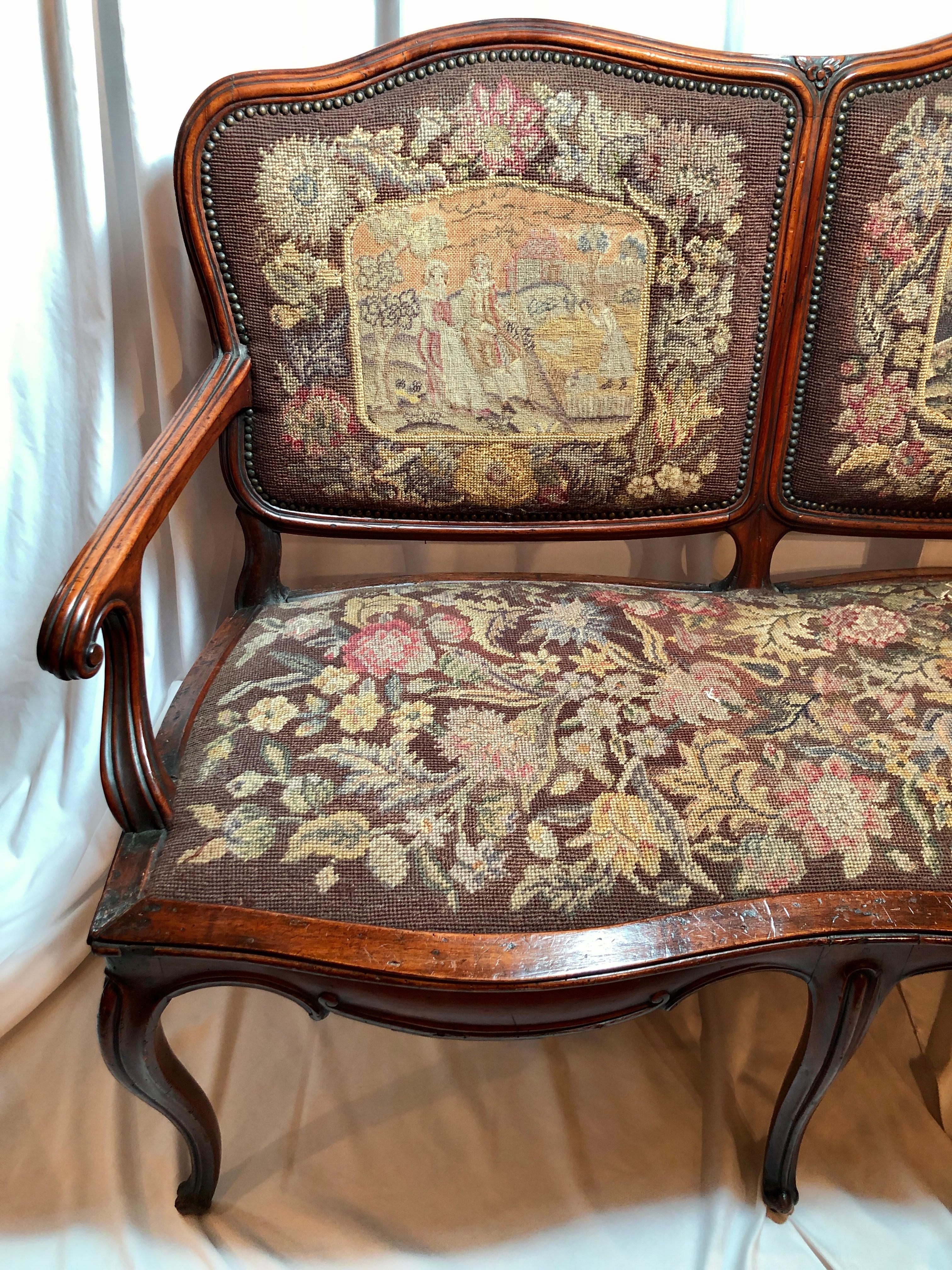 Antique 19th Century French Walnut Settee, Original Needlepoint & Petit Point In Good Condition For Sale In New Orleans, LA