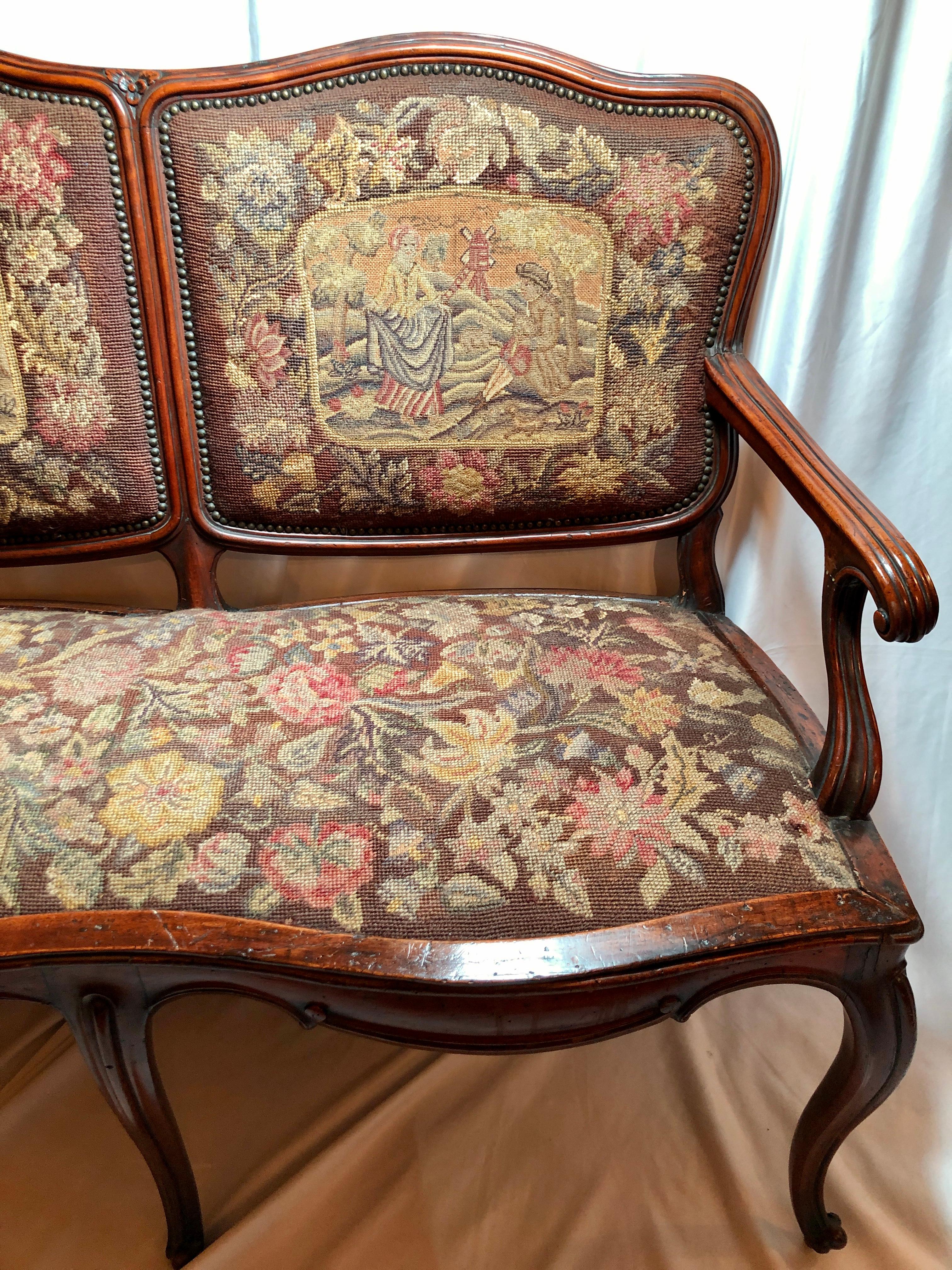 Antique 19th Century French Walnut Settee, Original Needlepoint & Petit Point For Sale 1