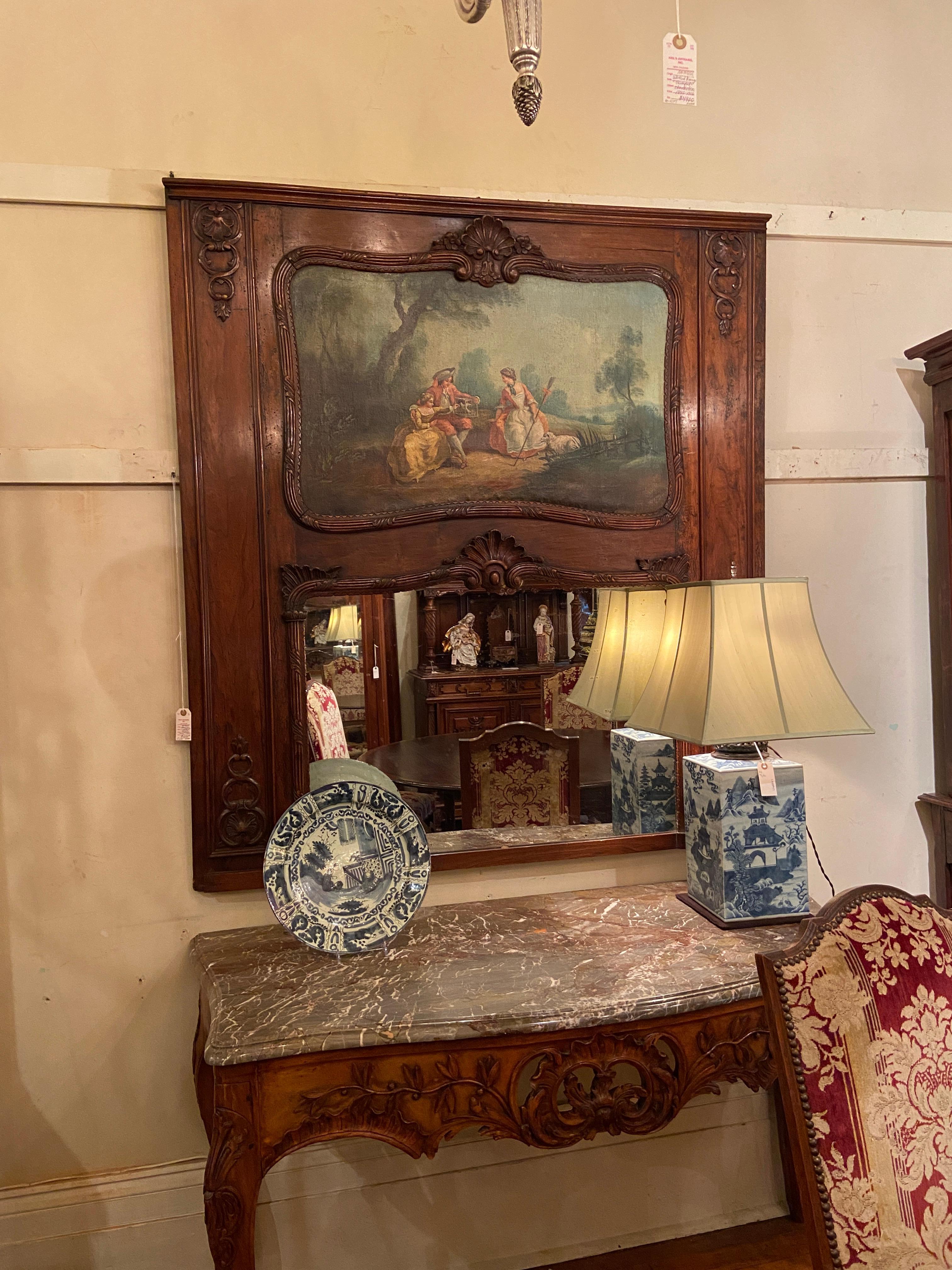 Antique 19th Century French Walnut Trumeau Mirror with Pastoral Scene Circa 1890 For Sale 7