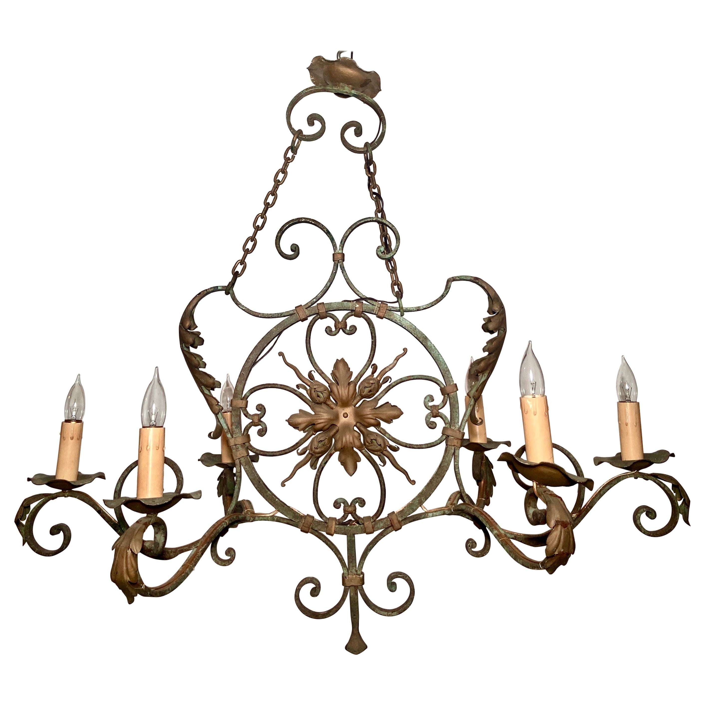 Antique 19th Century French Wrought Iron 6 Light Chandelier