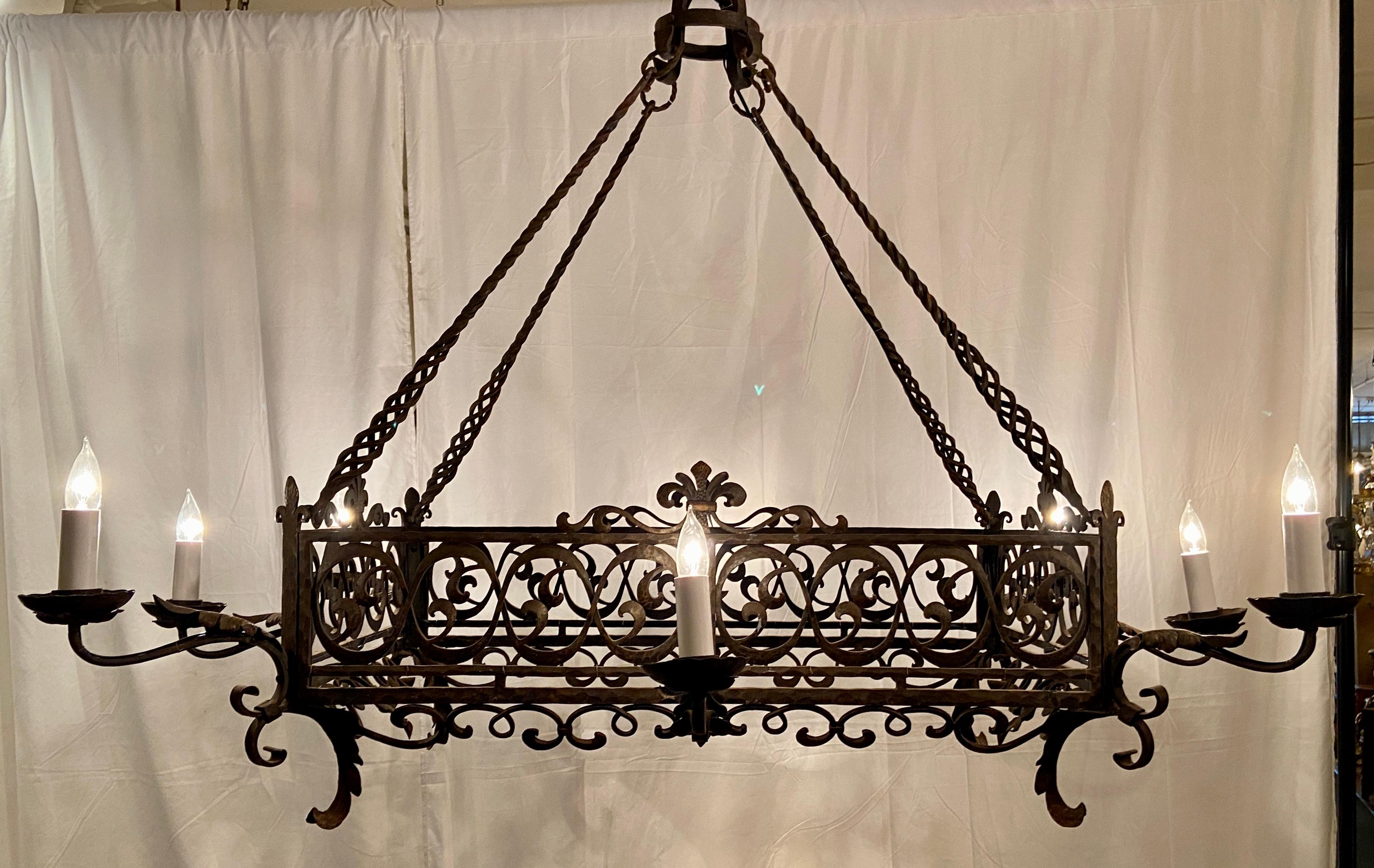 Antique 19th century French wrought iron chandelier, Circa 1890.