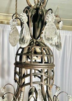 Antique 19th Century French Wrought Iron Chandelier with Rock Crystal Prisms.