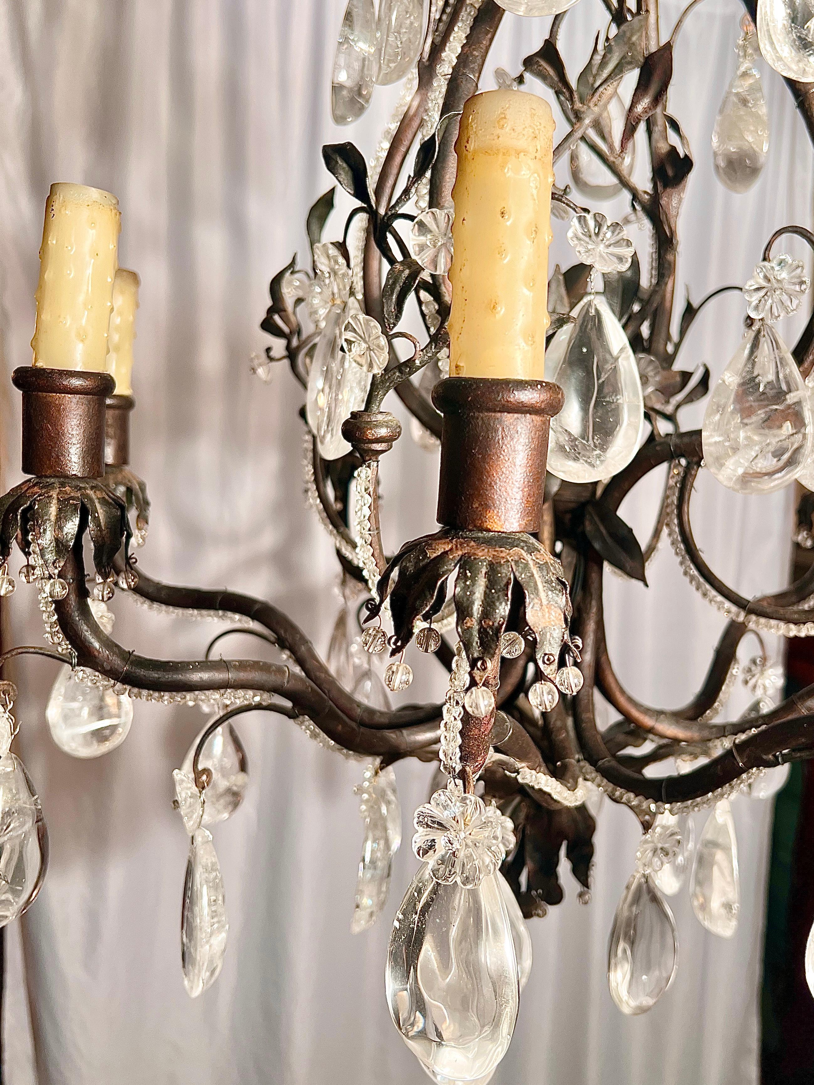 Antique 19th Century French Wrought Iron Chandelier with Rock Crystal Prisms. For Sale 2