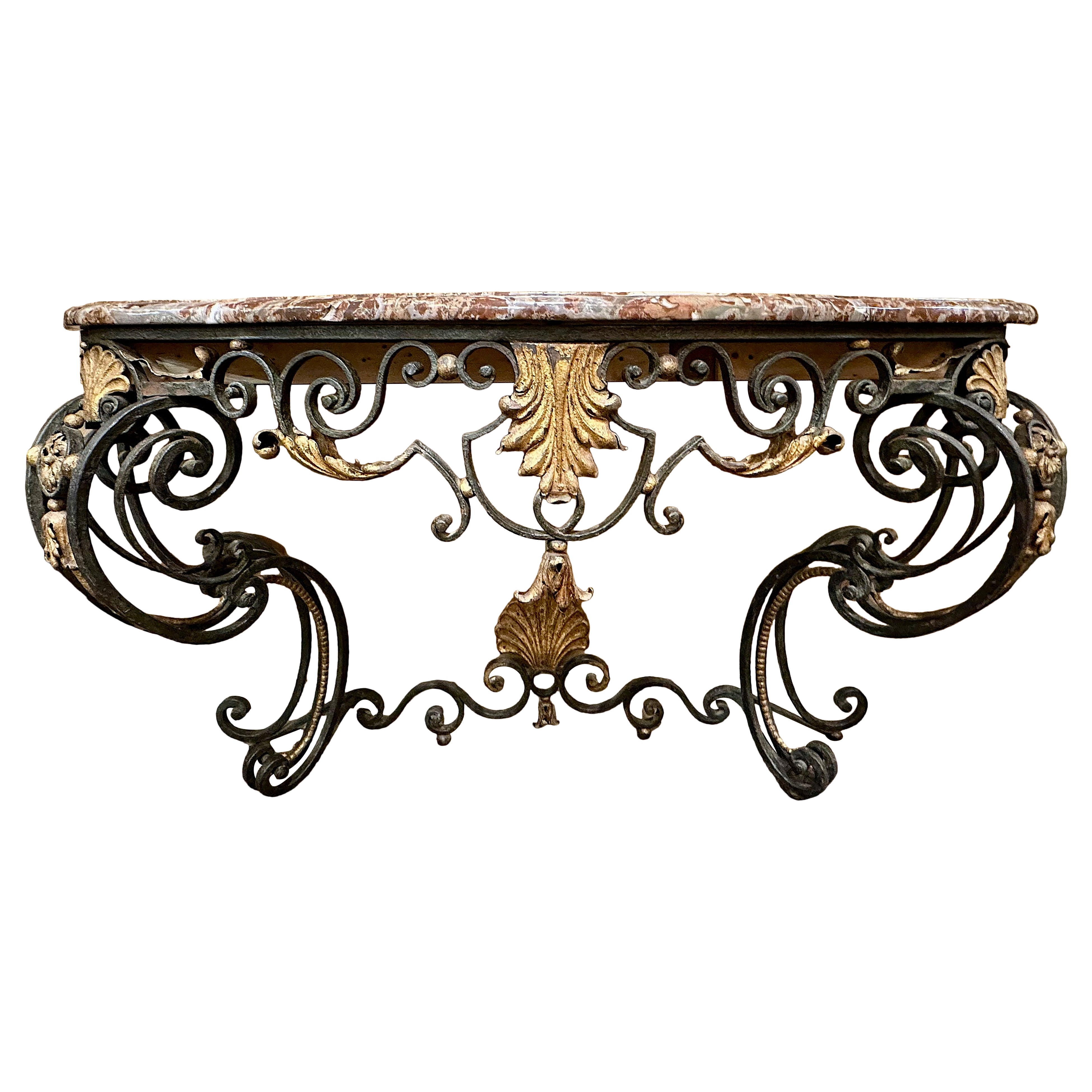 Antique 19th Century French Wrought Iron Console Table with Original Marble Top.