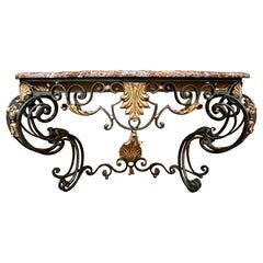 Antique 19th Century French Wrought Iron Console Table with Original Marble Top.