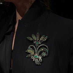 Antique 19th Century Georgian Aigrette En Tremblant Emerald Diamond Silver Gold