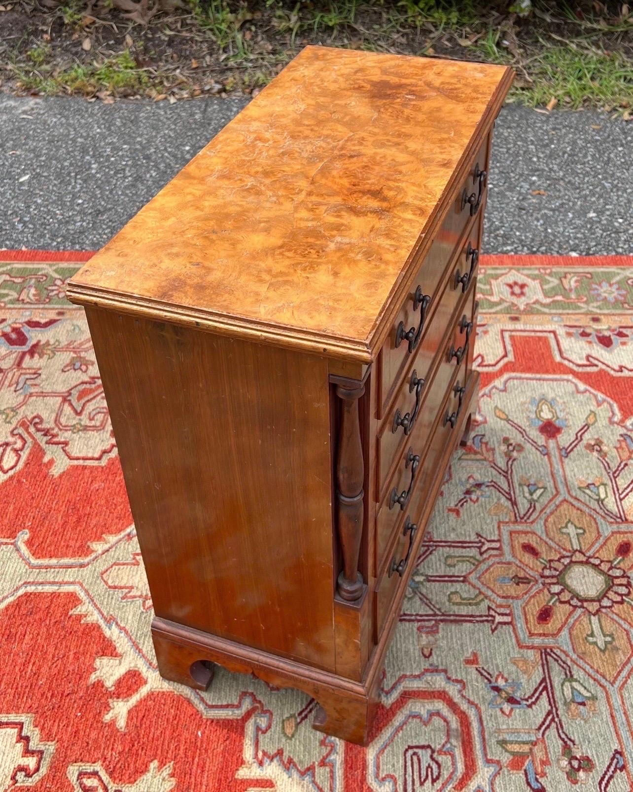 Brass Antique 19th Century Georgian Burl and Walnut Petite 4 Drawer Chest For Sale