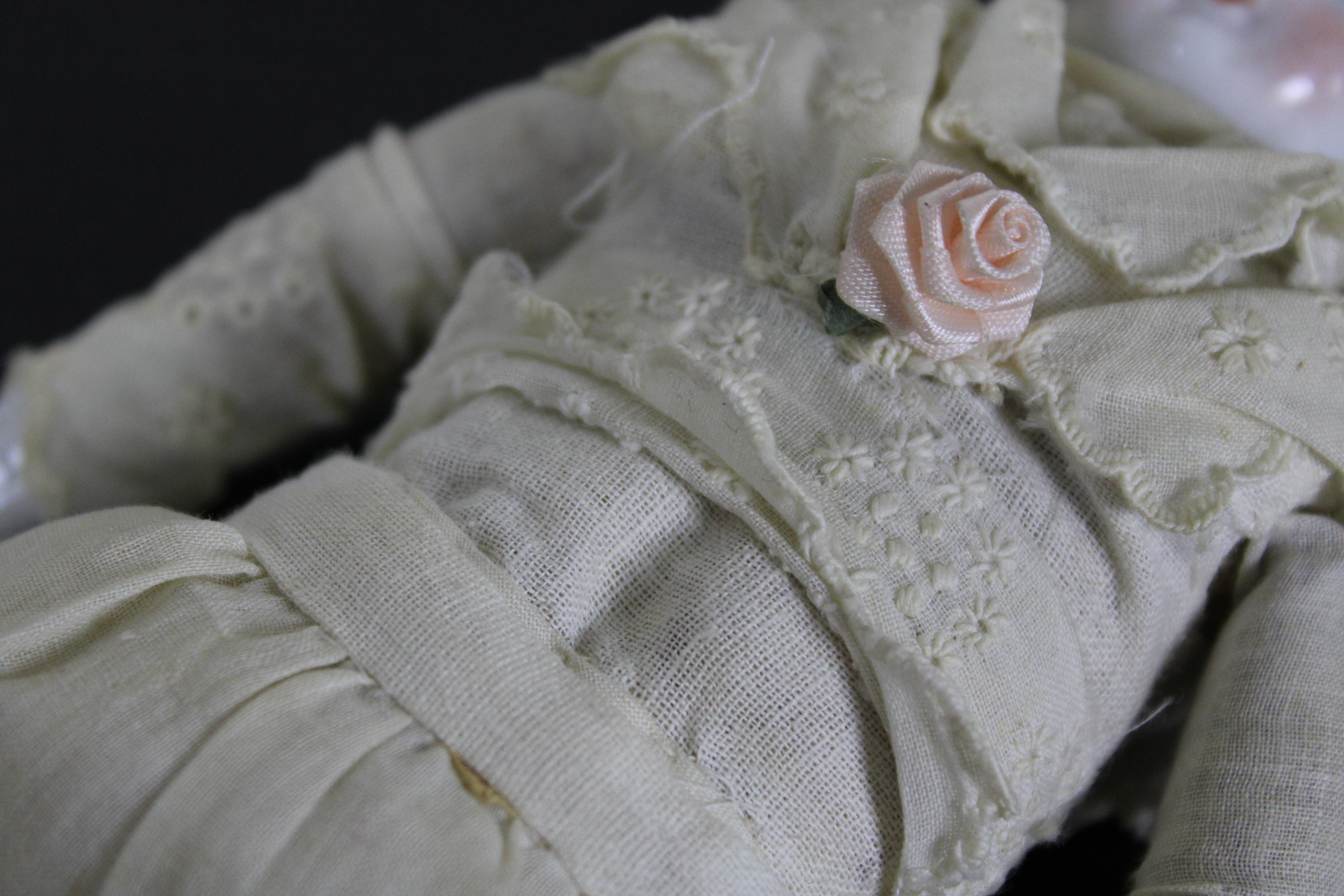 Antique 19th Century German China Head Doll & Stand Lace Dress Rose 7