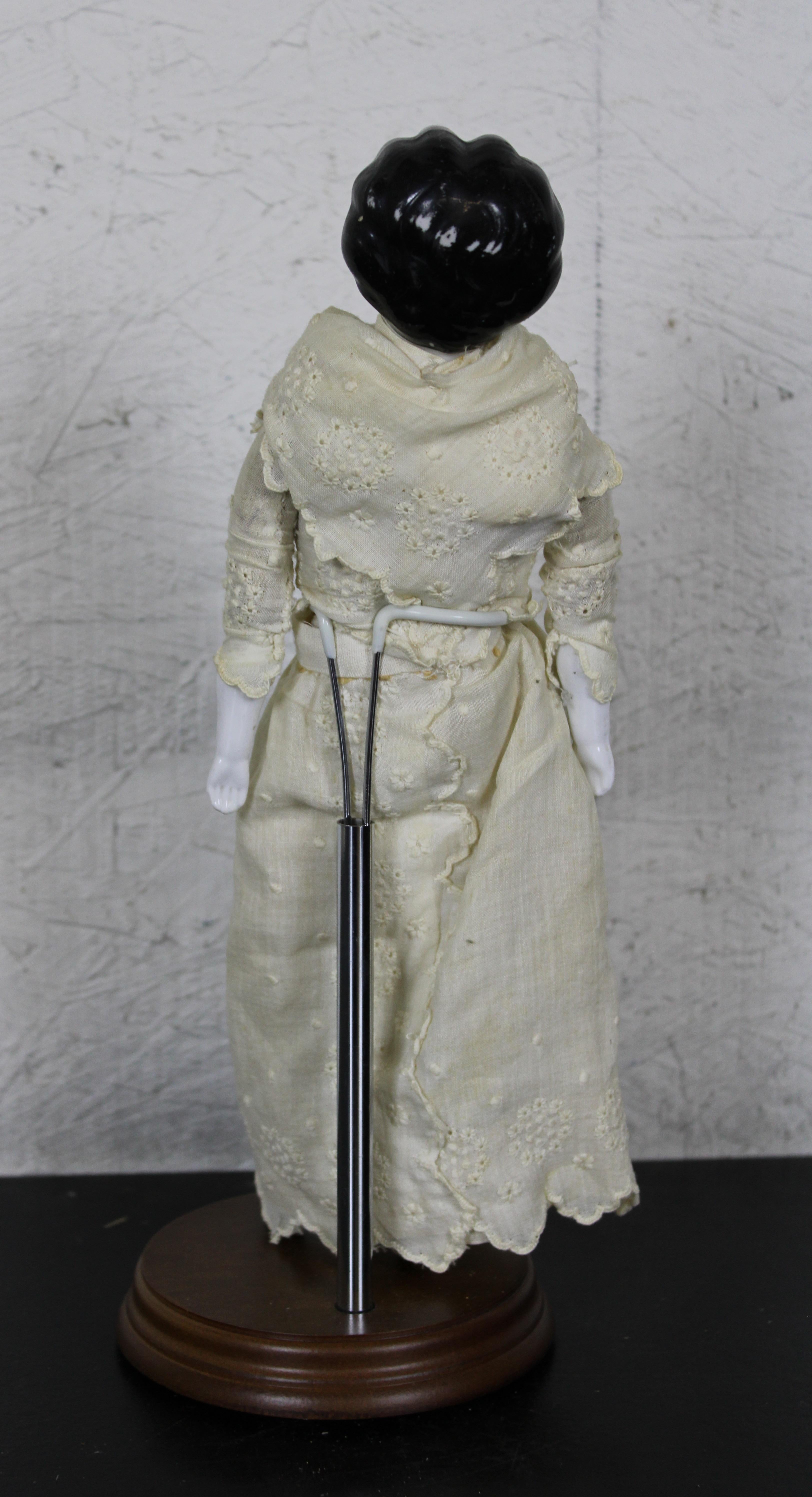 Antique 19th Century German China Head Doll & Stand Lace Dress Rose In Good Condition In Dayton, OH
