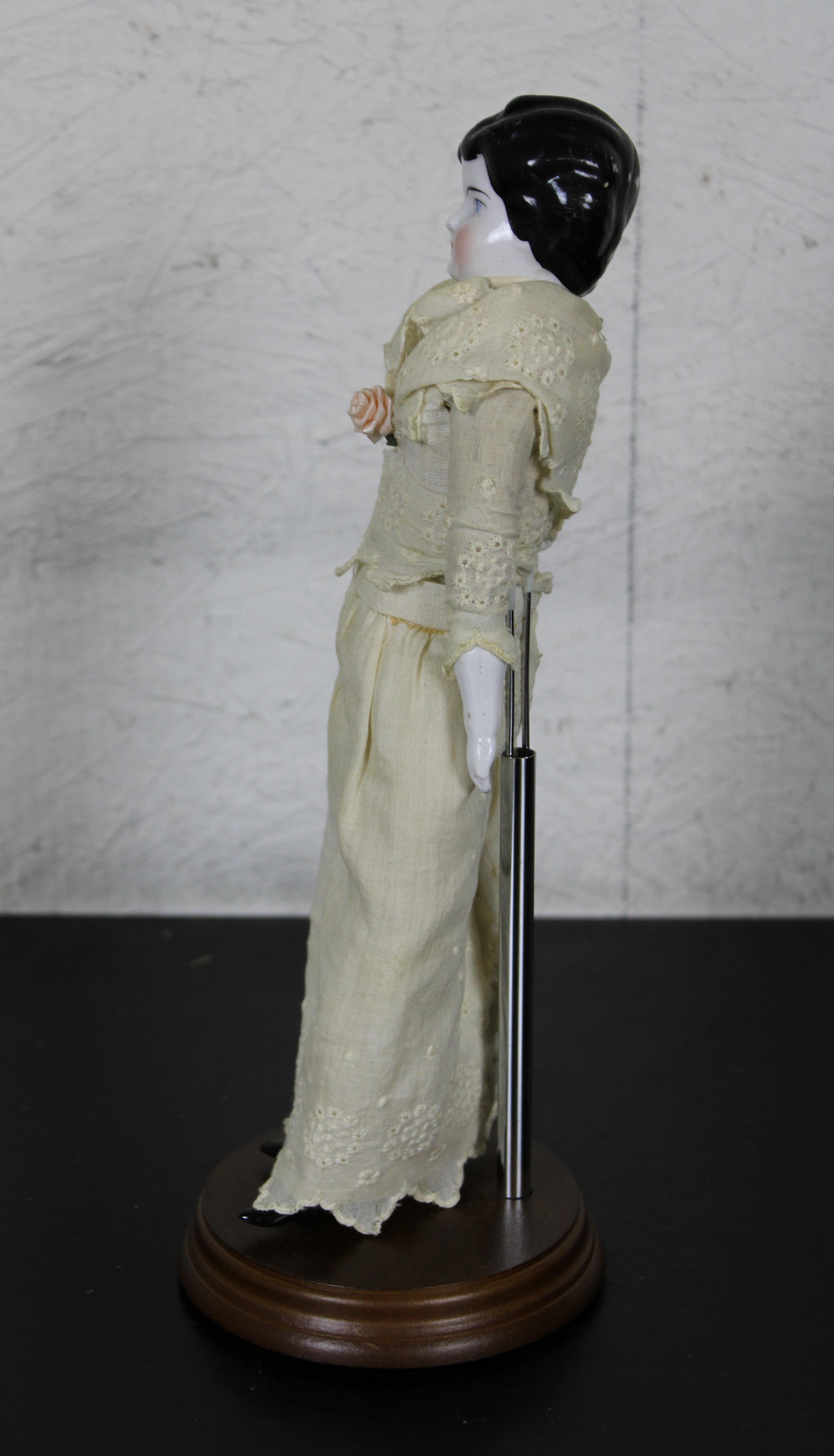 Antique 19th Century German China Head Doll & Stand Lace Dress Rose 1