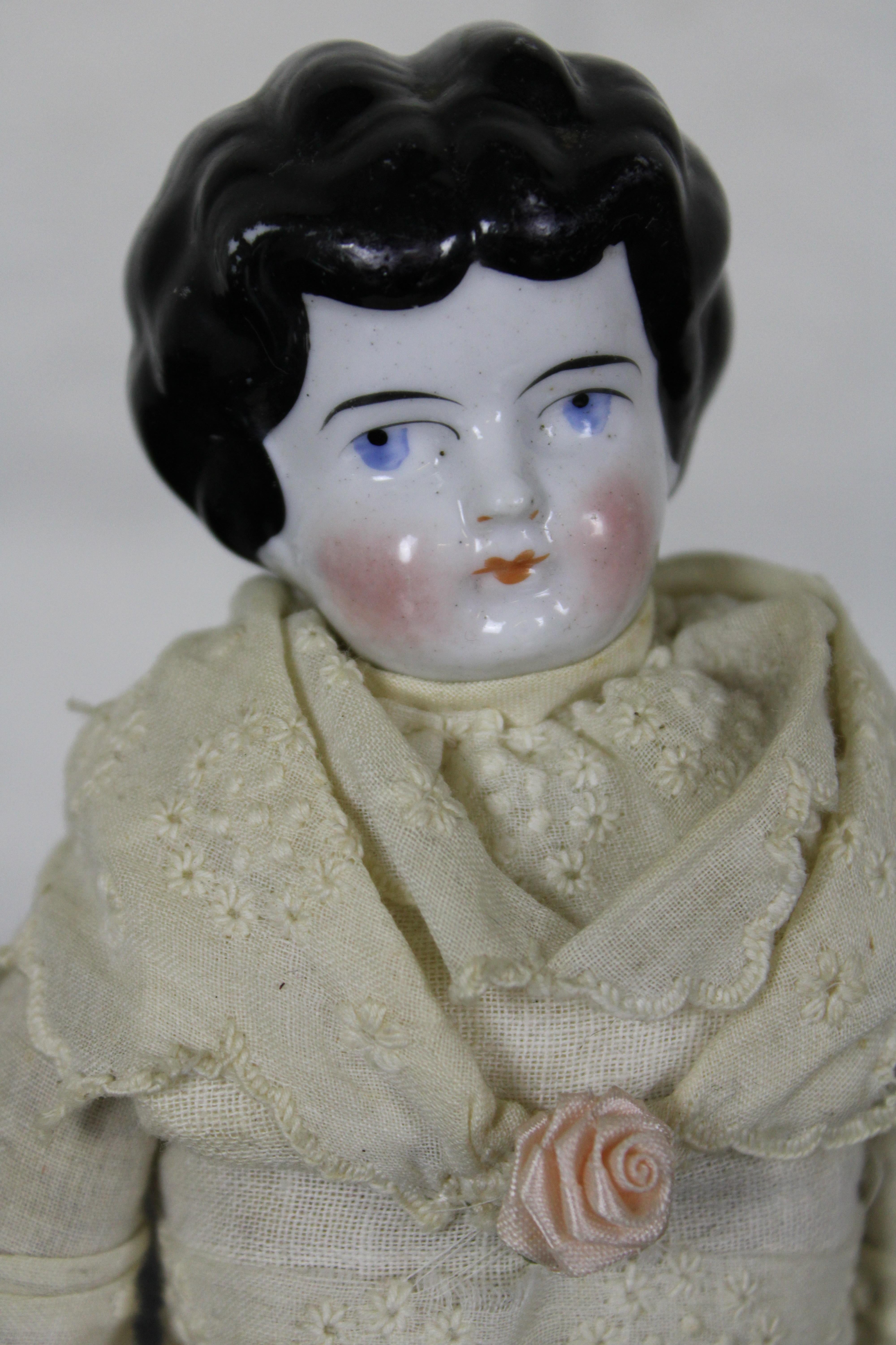 Antique 19th Century German China Head Doll & Stand Lace Dress Rose 2
