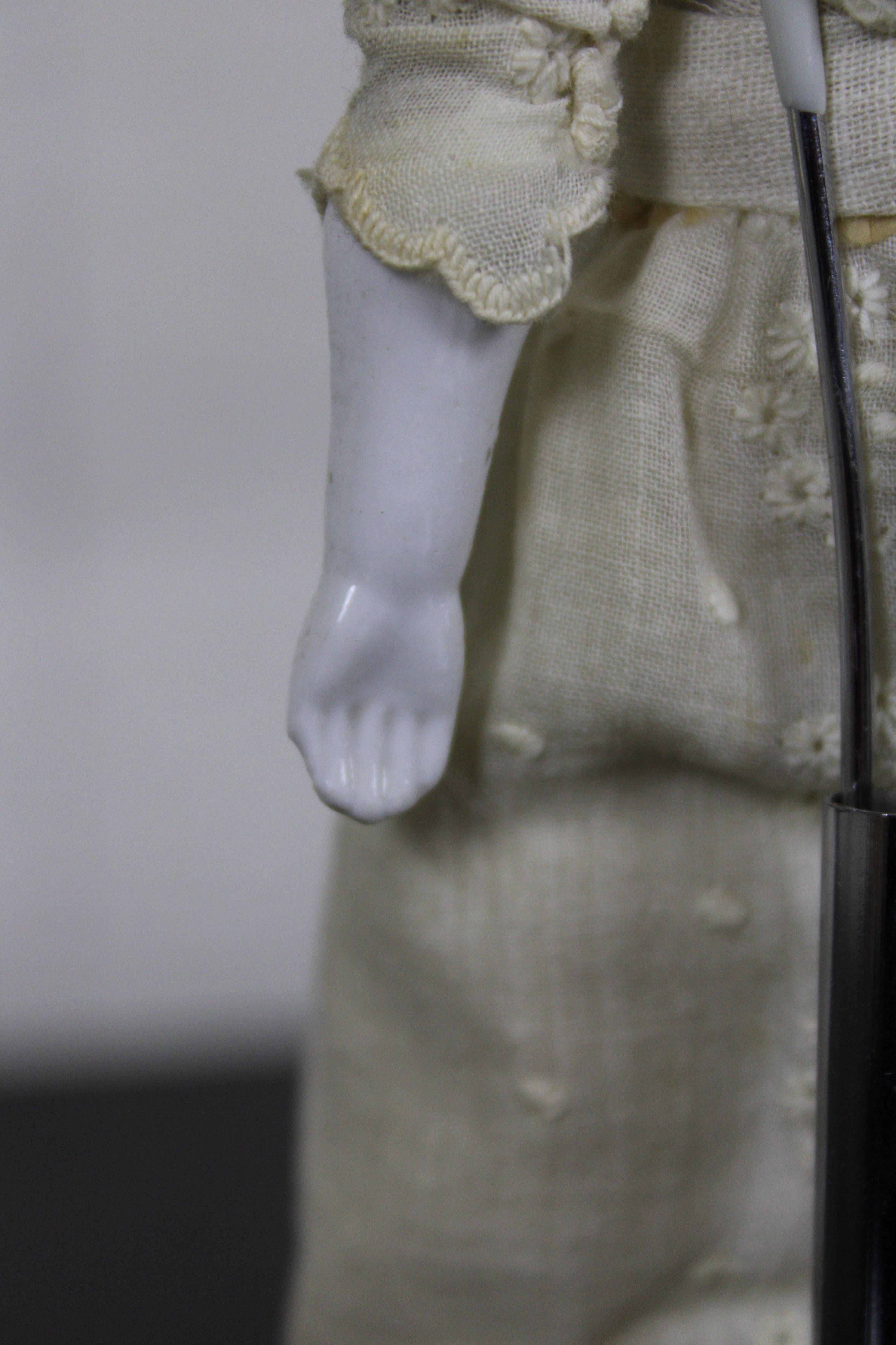 Antique 19th Century German China Head Doll & Stand Lace Dress Rose 3