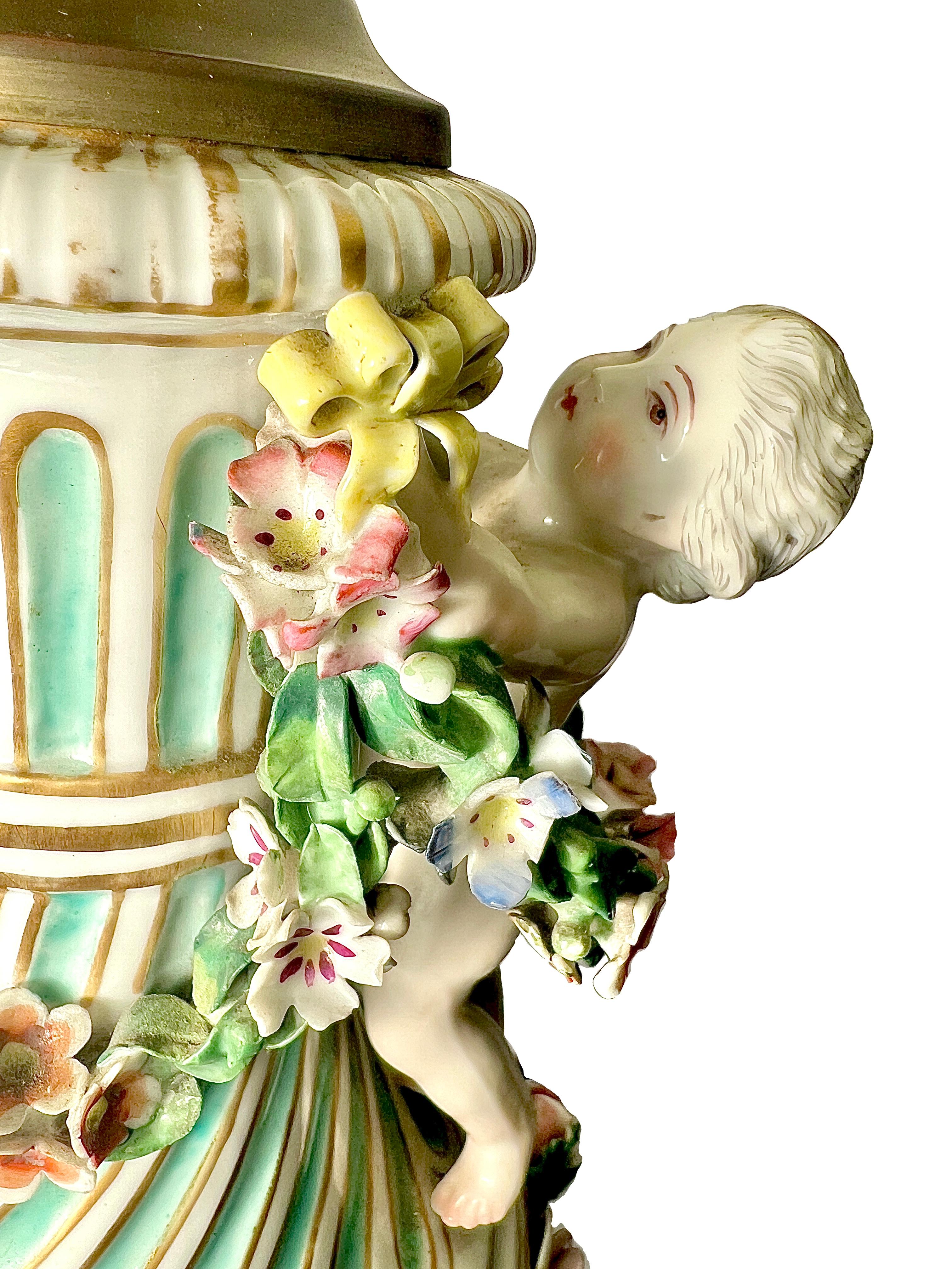 Antique 19th Century German Dresden Porcelain Floral Lamp, Circa 1885. In Good Condition For Sale In New Orleans, LA