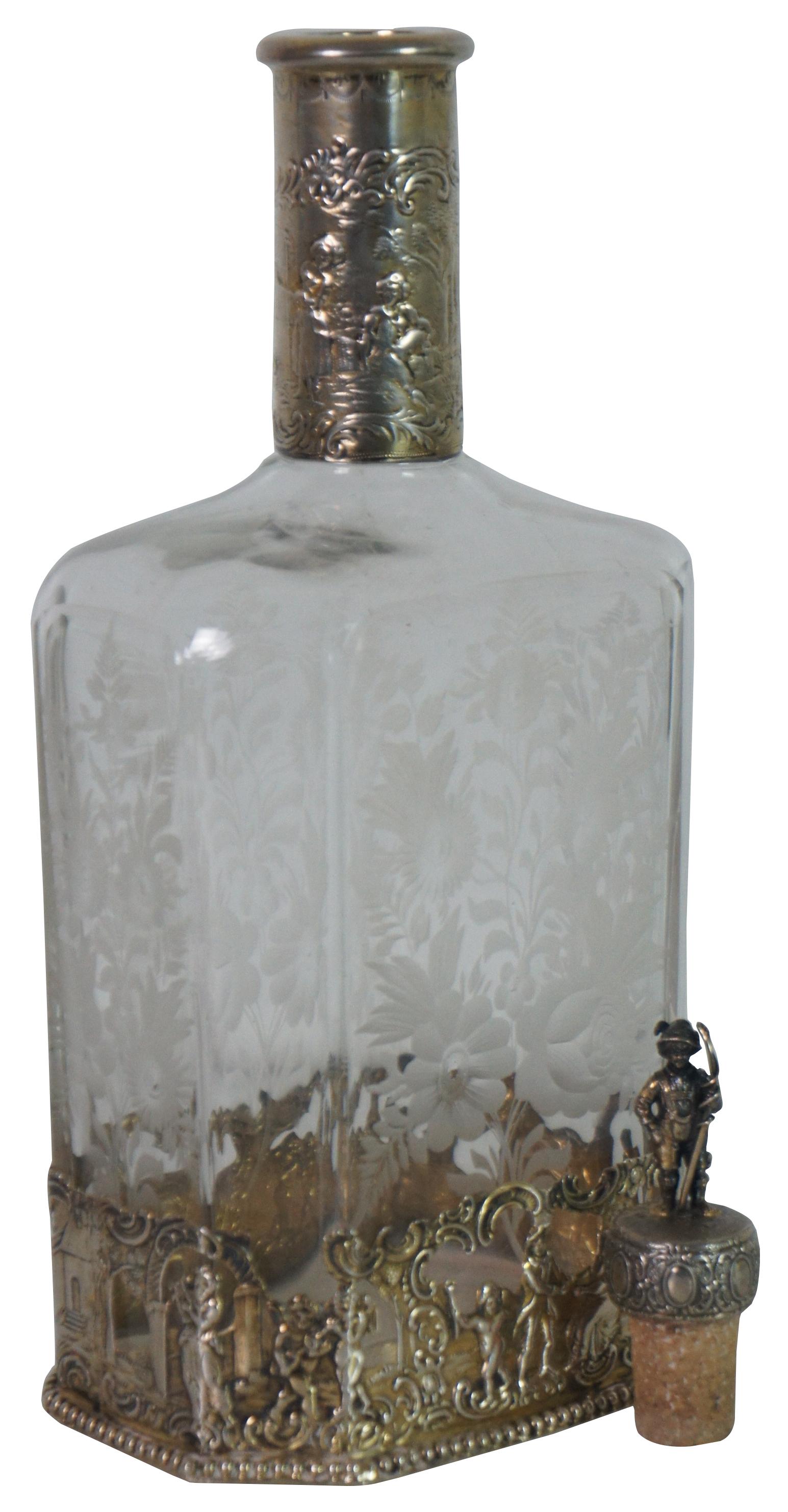 Rococo Antique 19th Century German Figural Hanau Silver Overlay Decanter Bottle For Sale