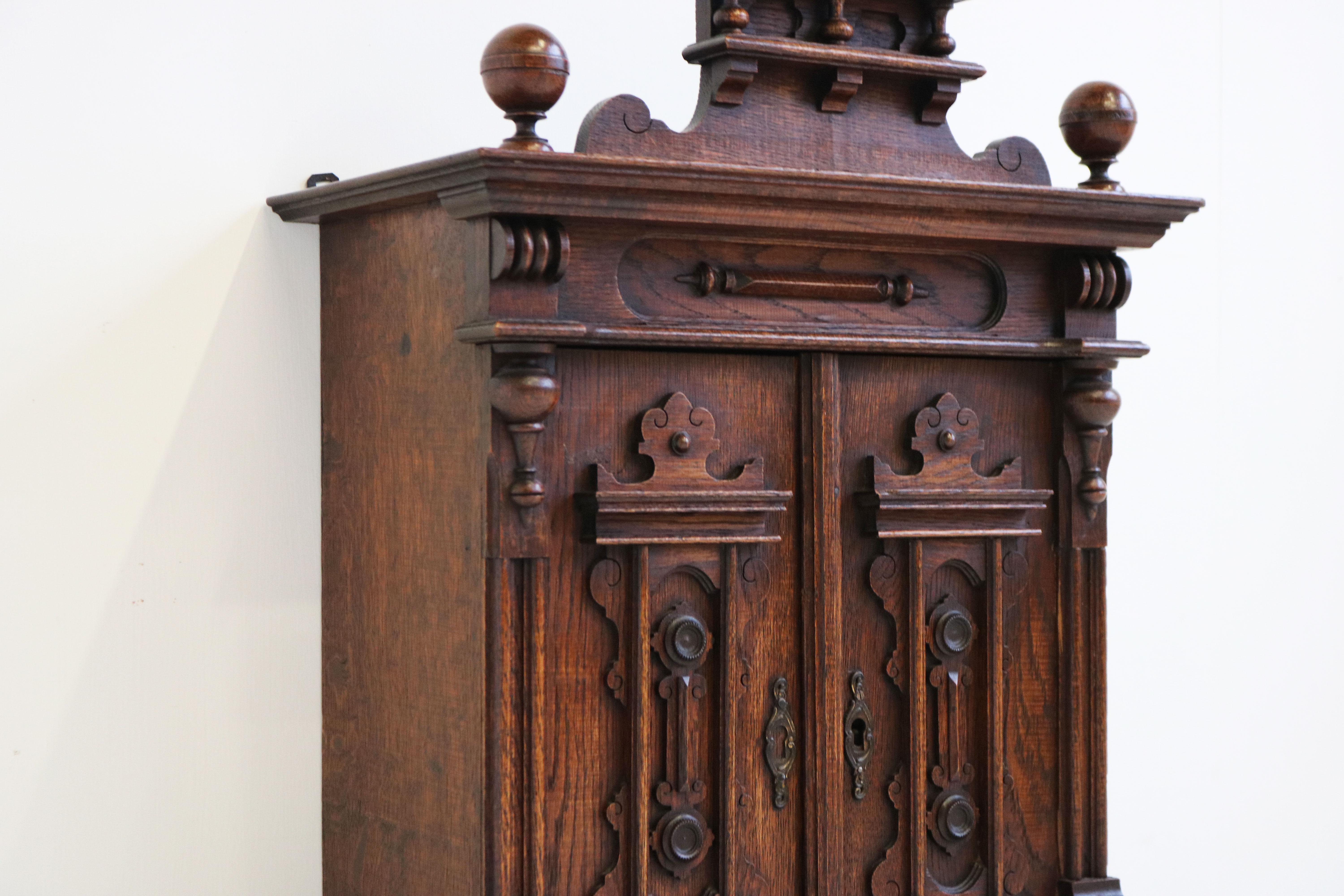 Neoclassical Revival Antique 19th Century German Grunderzeit Wall Cabinet / Small Cabinet Carved Oak For Sale