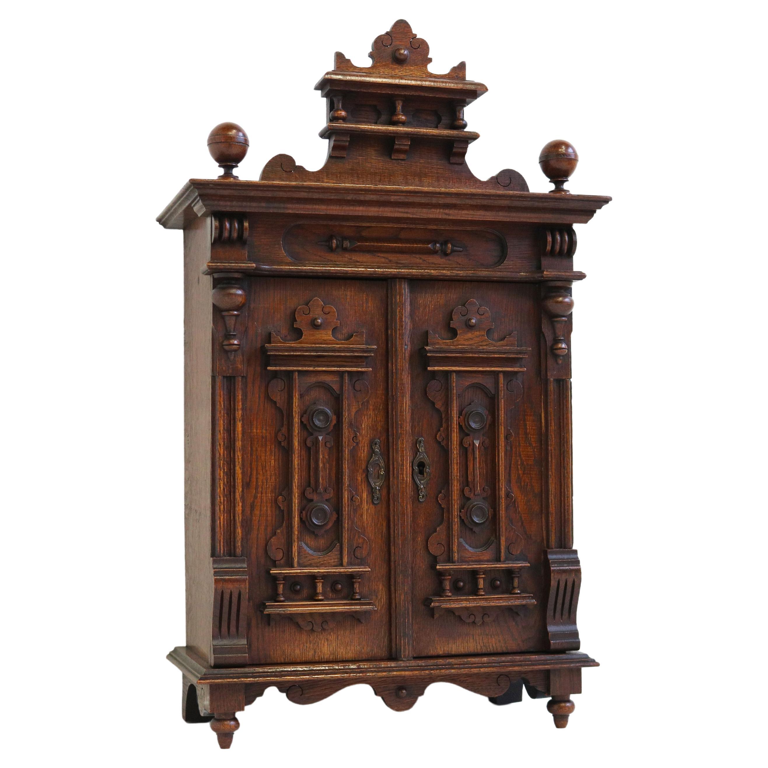 Antique 19th Century German Grunderzeit Wall Cabinet / Small Cabinet Carved Oak For Sale