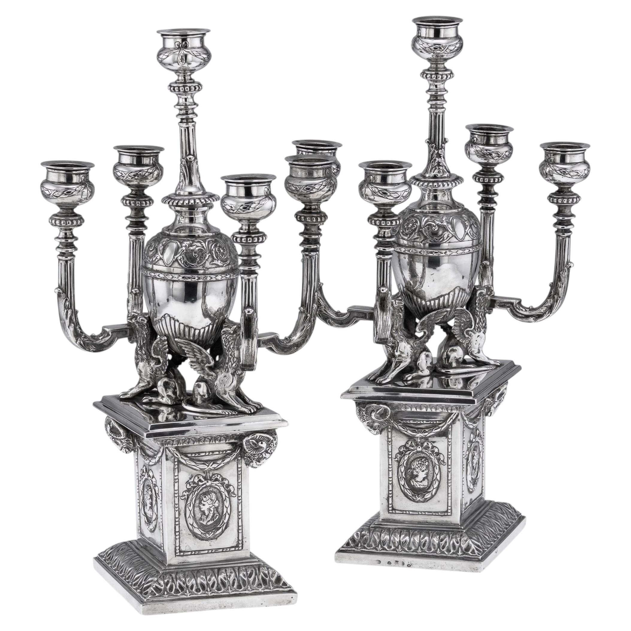 Antica coppia di candelabri in argento massiccio di Hanau del XIX secolo in vendita