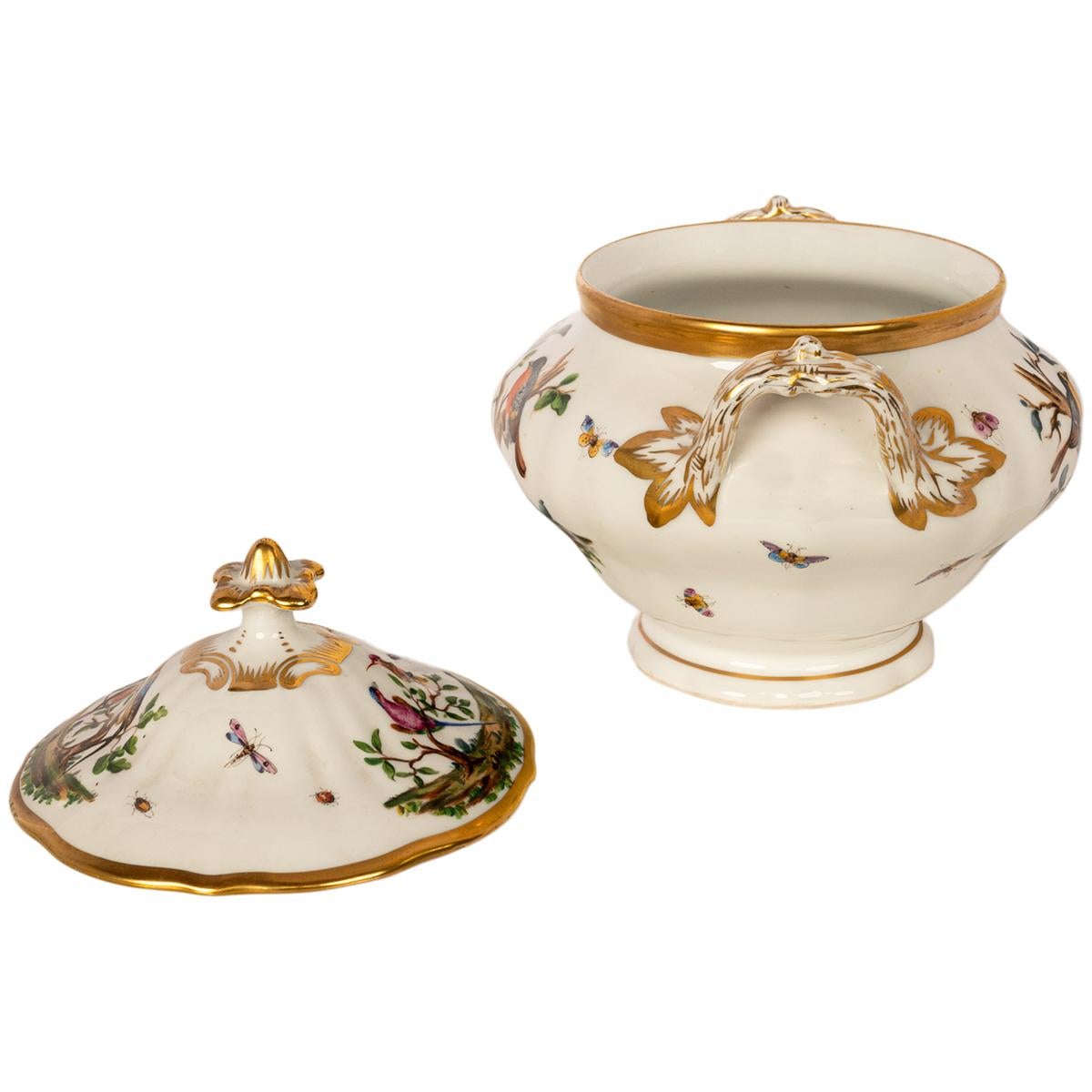 Antik 19. Jahrhundert Deutsch KPM Porcelain Deckelschüssel Terrine Vögel Schmetterlinge im Angebot 4