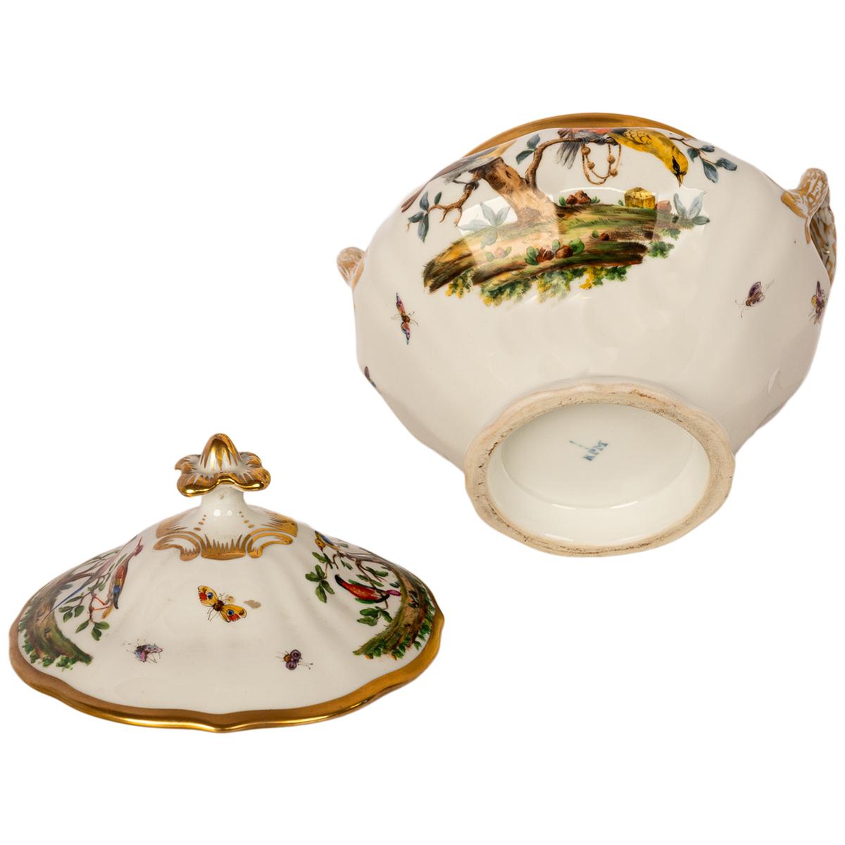 Antik 19. Jahrhundert Deutsch KPM Porcelain Deckelschüssel Terrine Vögel Schmetterlinge im Angebot 6