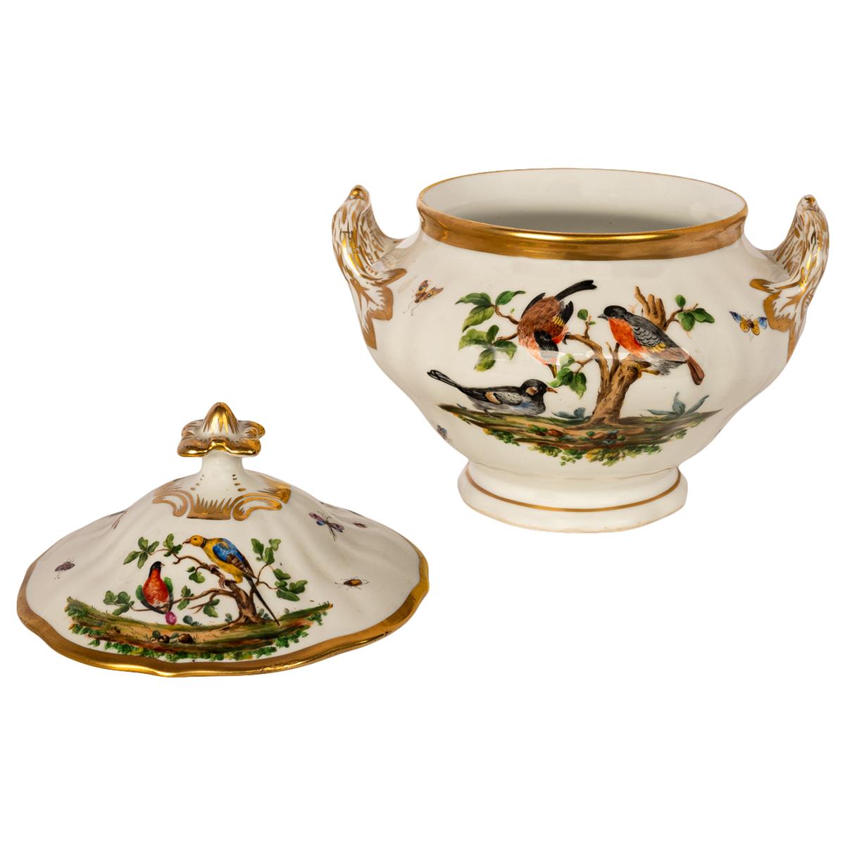 Antique 19th Century German KPM Porcelain Lidded Bowl Tureen Birds Butterflies For Sale 1