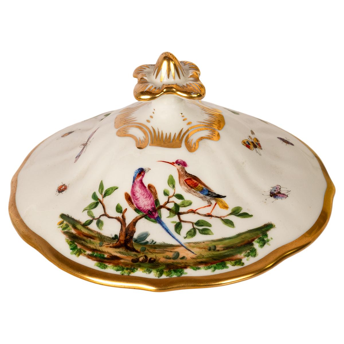 Antik 19. Jahrhundert Deutsch KPM Porcelain Deckelschüssel Terrine Vögel Schmetterlinge im Angebot 1