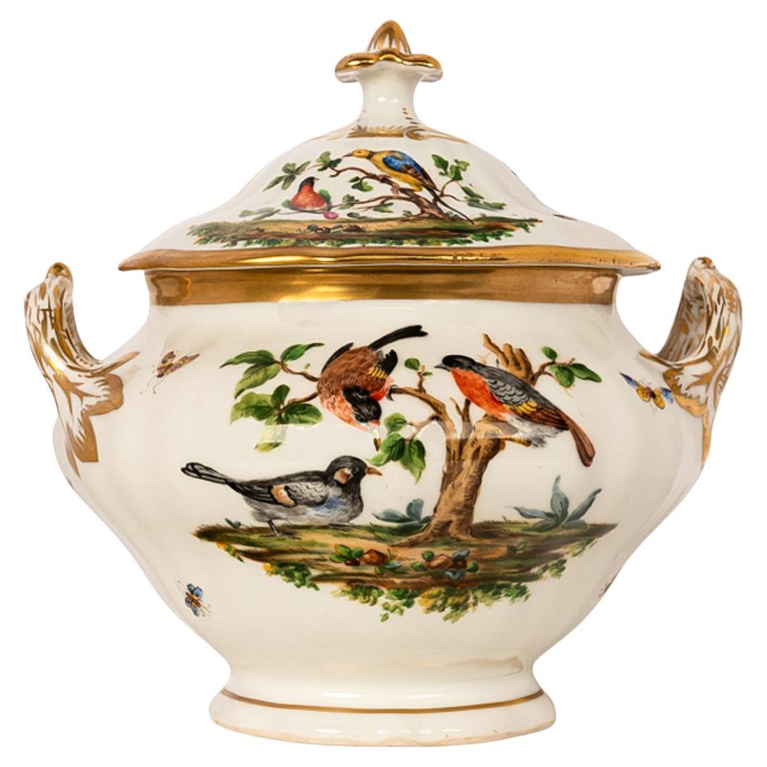 Antik 19. Jahrhundert Deutsch KPM Porcelain Deckelschüssel Terrine Vögel Schmetterlinge im Angebot