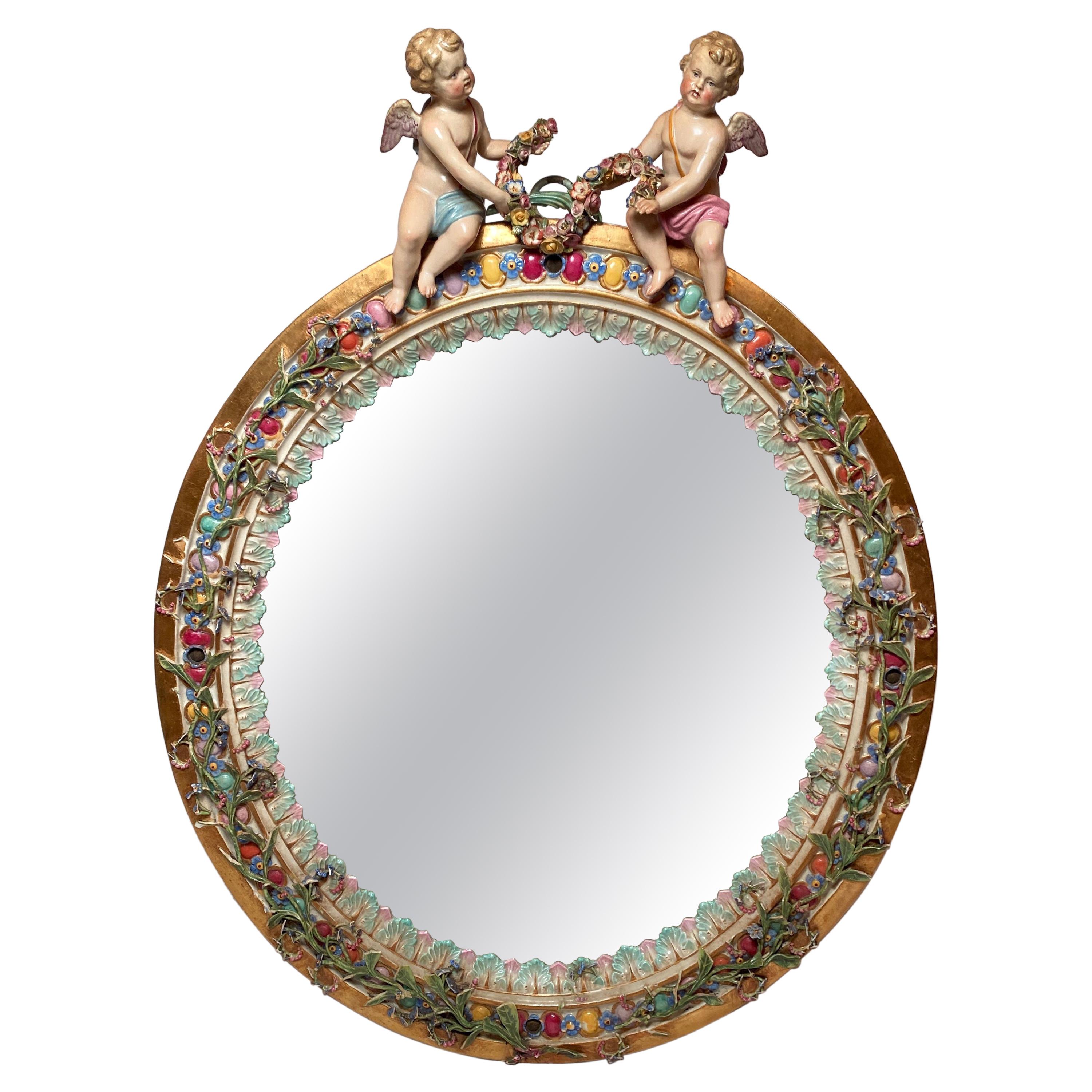 Antique 19th Century German Meissen Porcelain Framed Oval Mirror Circa 1855-1875
