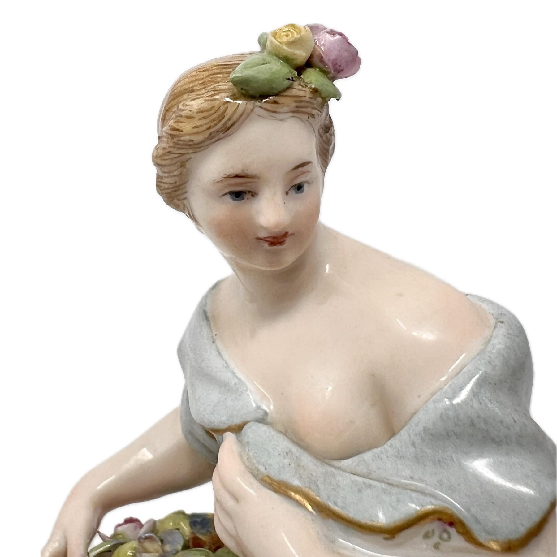 Antique 19th Century German Meissen Porcelain Lady with Flowers, Circa 1880's. In Good Condition For Sale In New Orleans, LA