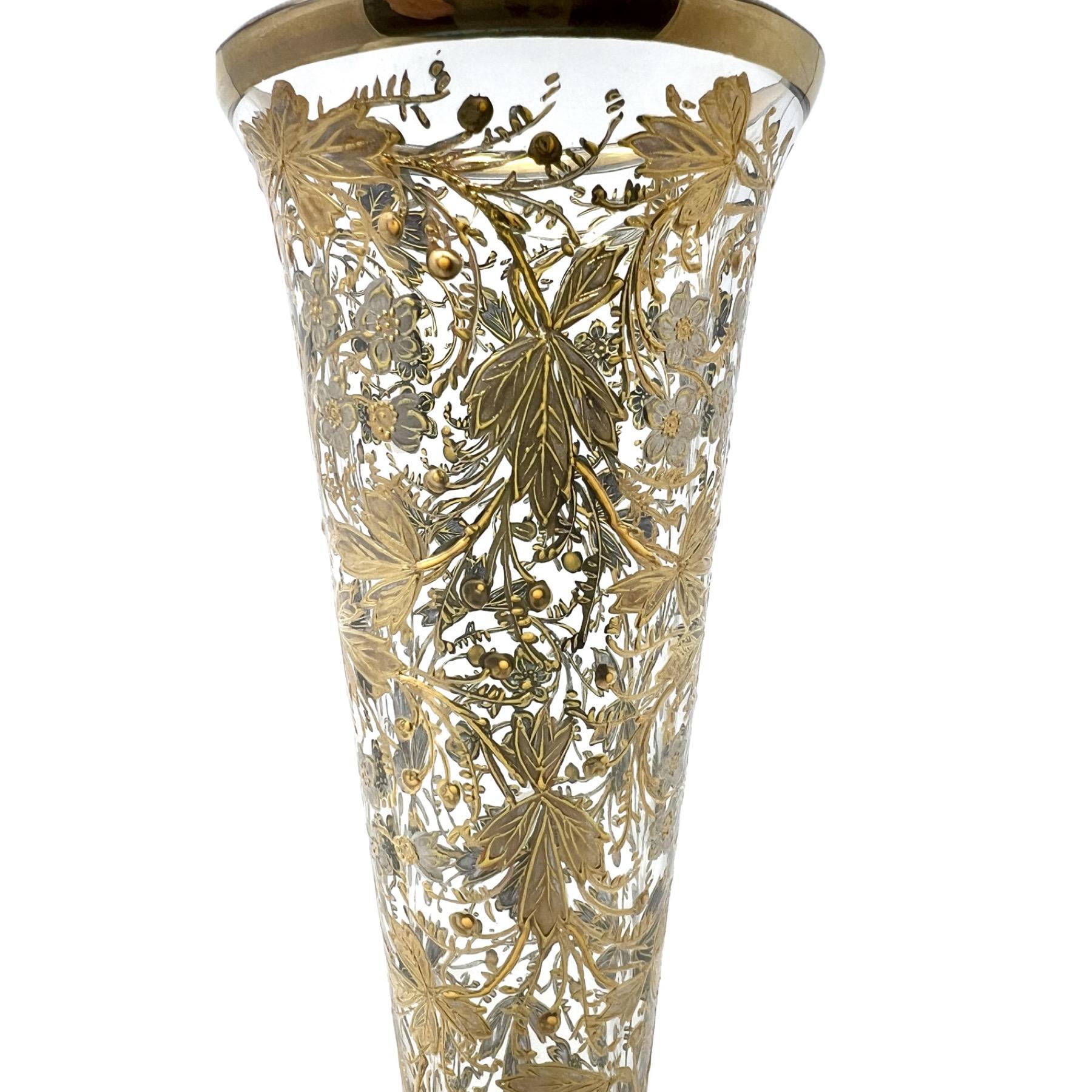 Antique 19th Century German Moser Glass Bud Vase with Gold Overlay, Circa 1885. For Sale 1