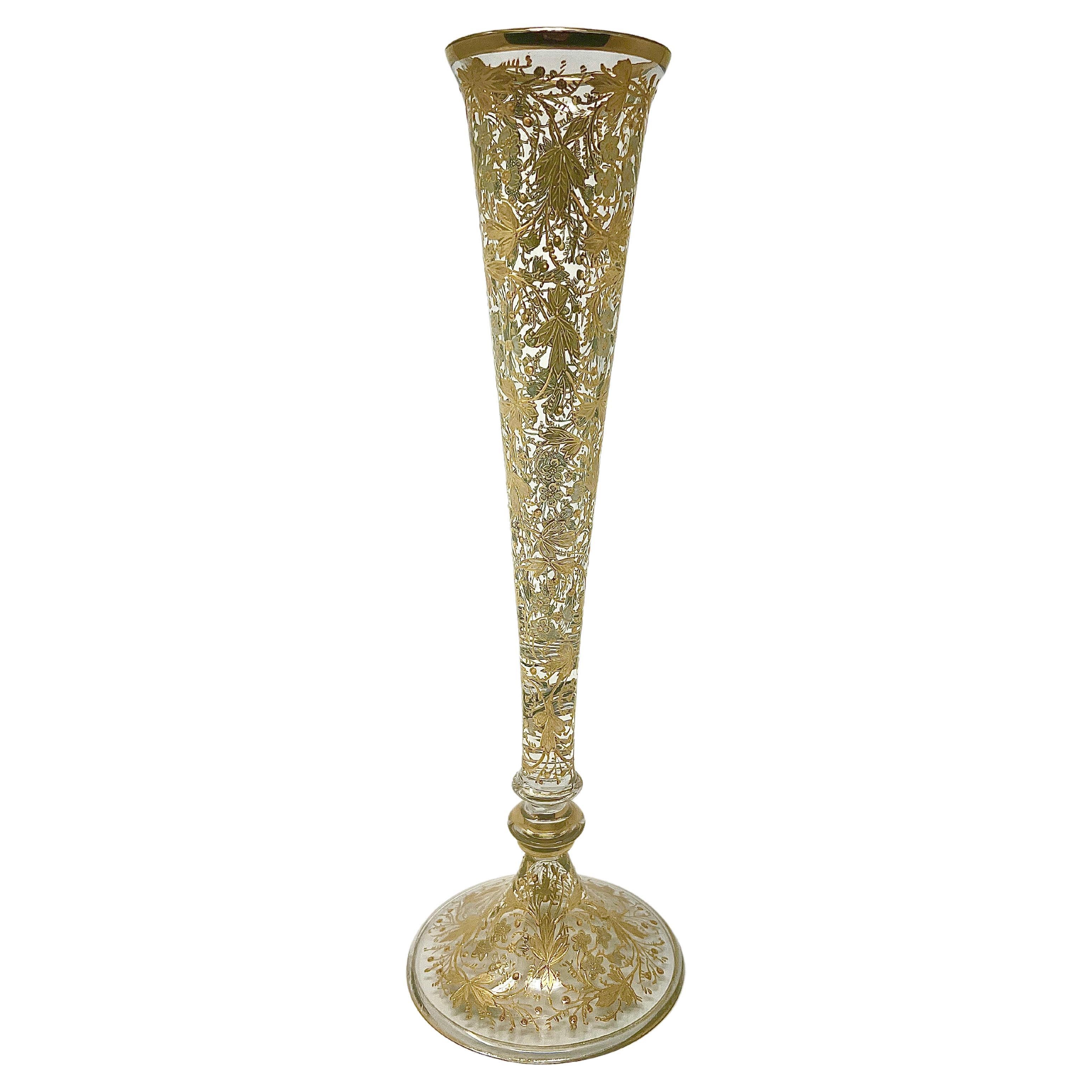 Antique 19th Century German Moser Glass Bud Vase with Gold Overlay, Circa 1885. For Sale