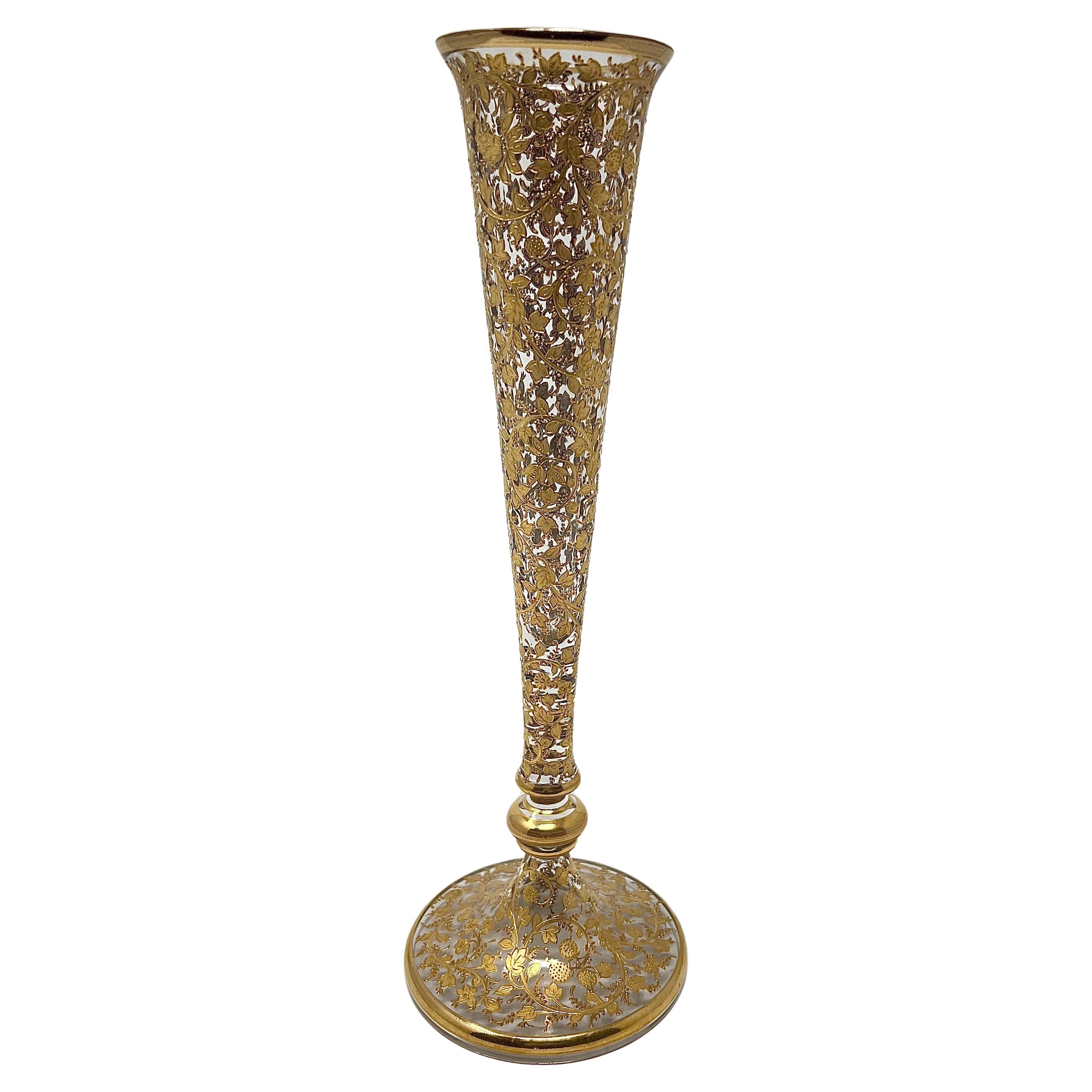 Antique 19th Century German Moser Glass Bud Vase with Gold Overlay, Circa 1885. For Sale