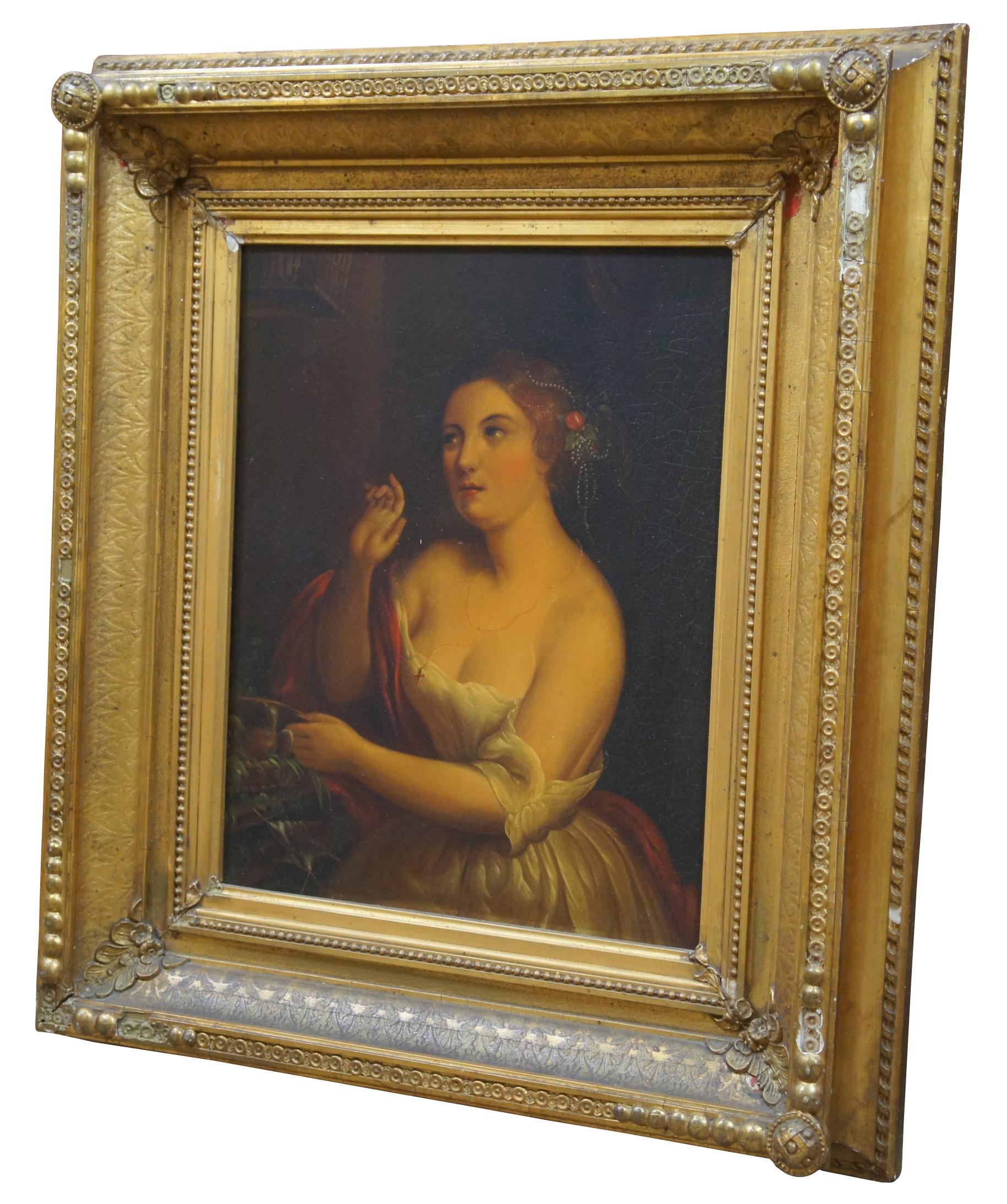 Antique 1800s German oil painting on tin. The portrait features a young woman suggestively posing with gaze off to the side while holding onto a bird in a basket. Features a period frame with medallions and ornate beaded design. Has royal crown mark