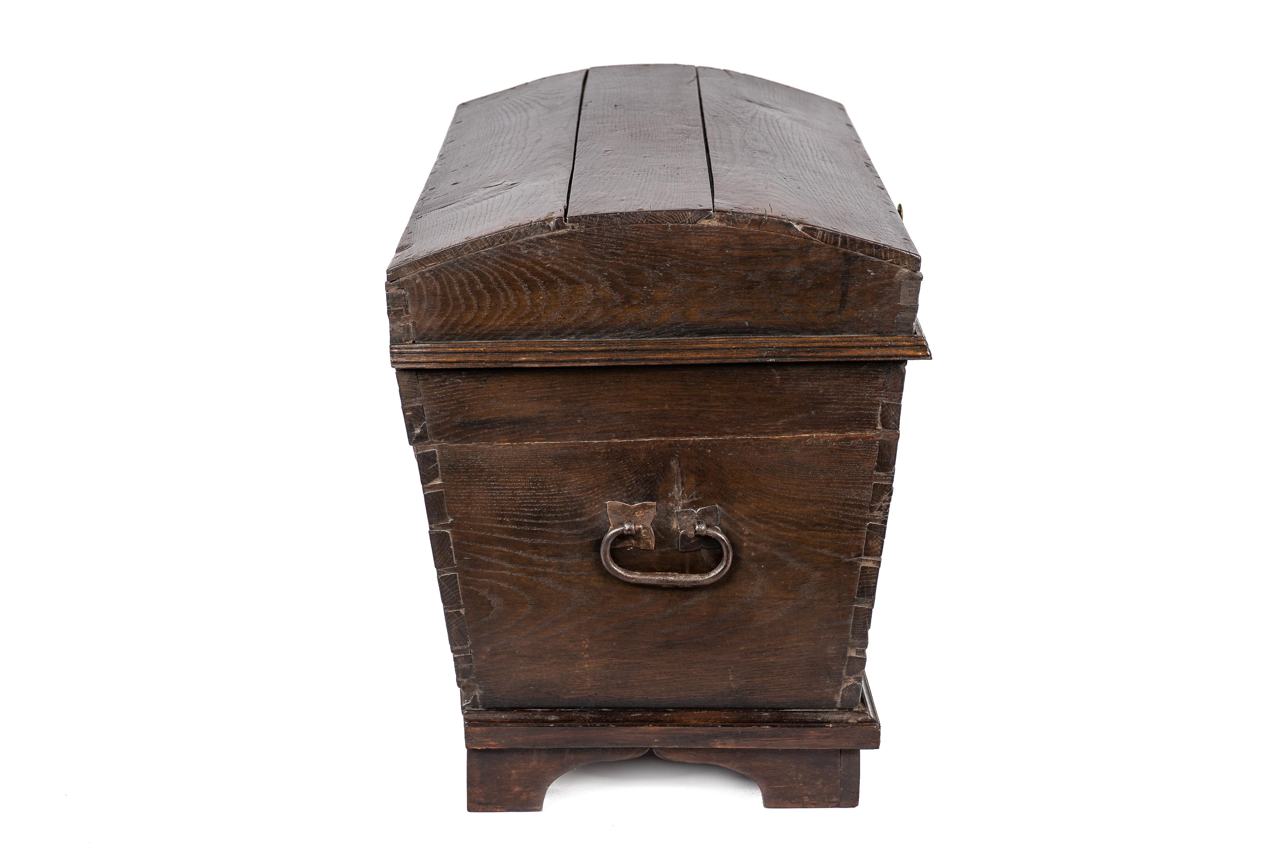 Forged Antique 19th Century German Solid Oak Dome Top Chest Trunk Coffer Box For Sale