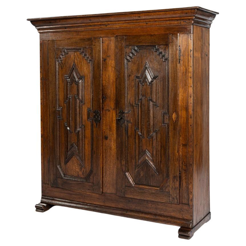 Antique 19th century german solid oak warm brown two-door cupboard or cabinet For Sale