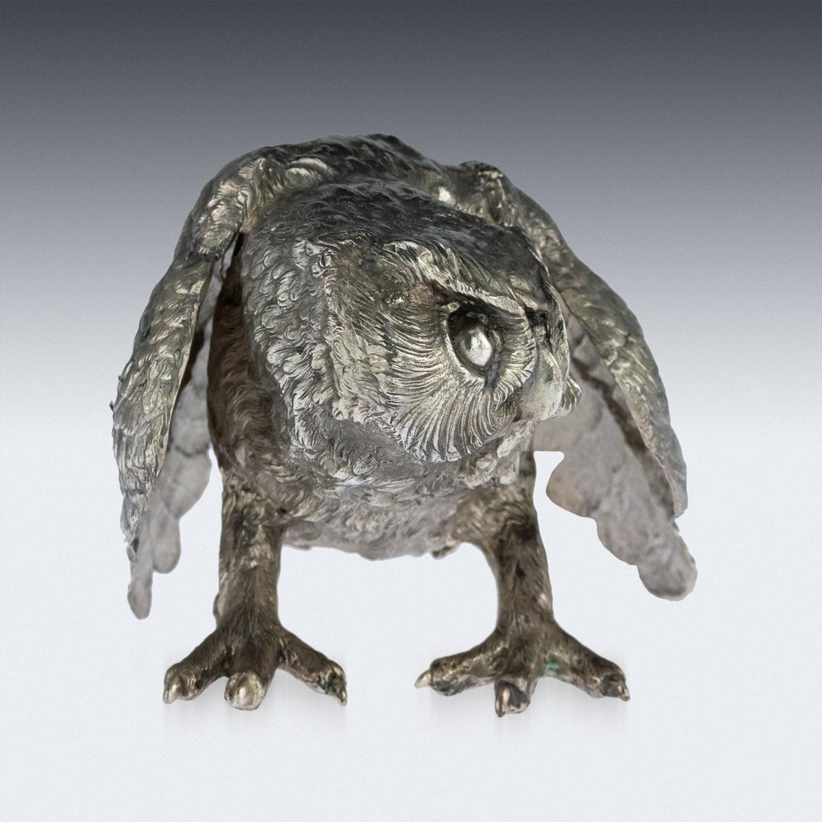 19th Century German Solid Silver Model of a Prowling Owl, Hanau, circa 1890 1